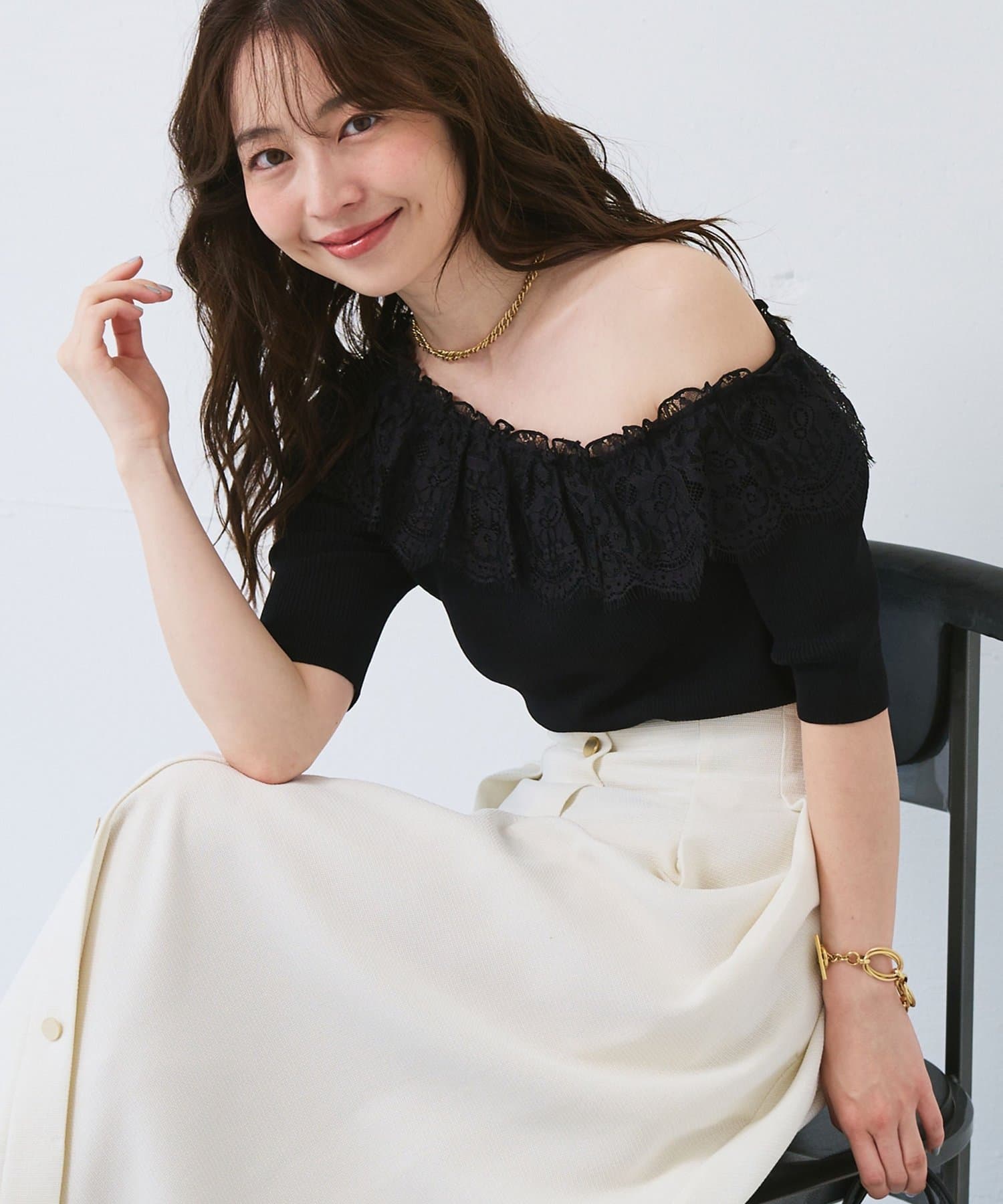 OUTLET(アウトレット) 【La boutique BonBon】UVワンショルレースフリルニット