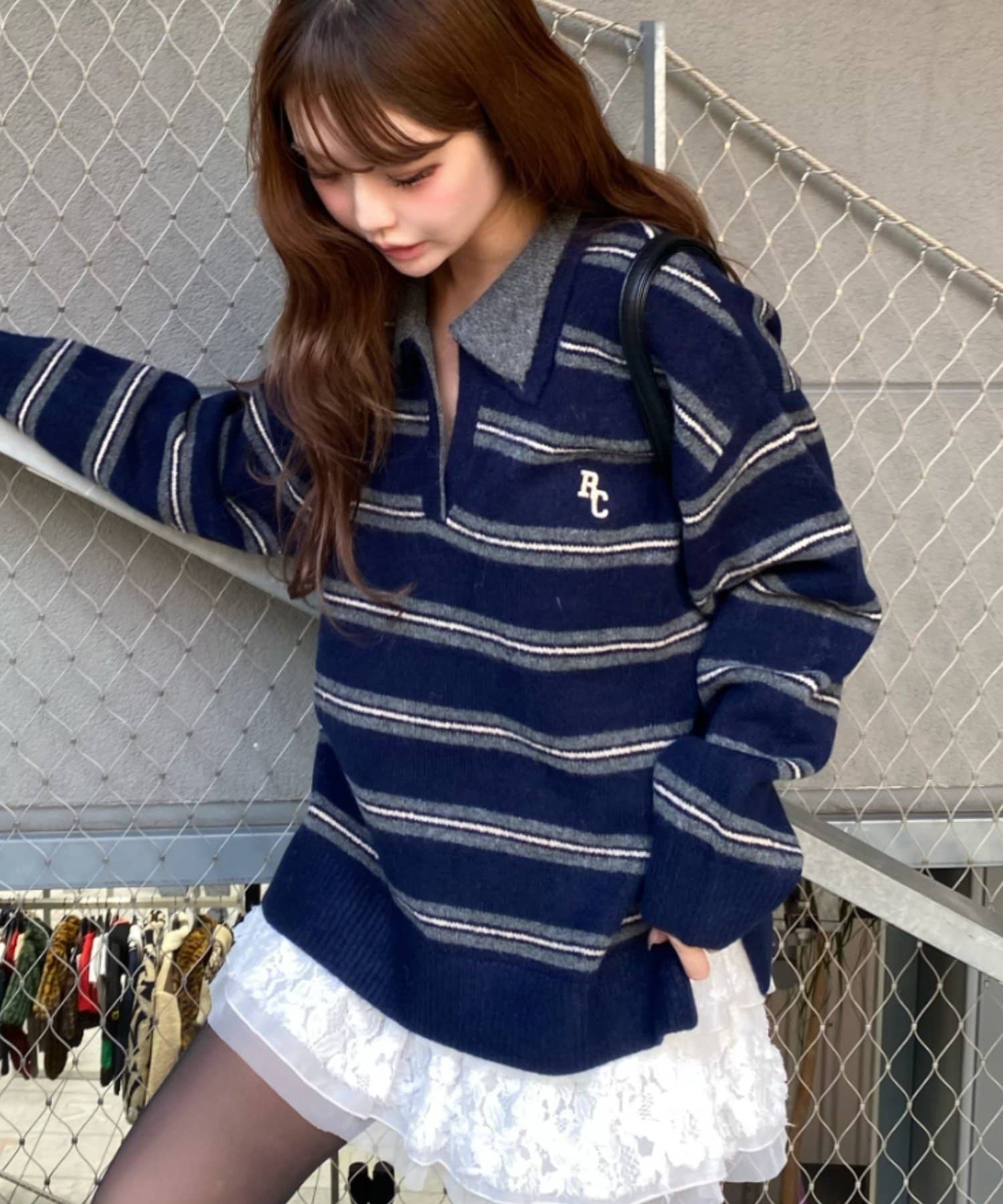 OUTLET(アウトレット) 【RAY CASSIN】ボーダースキッパーポロ刺繍ニット
