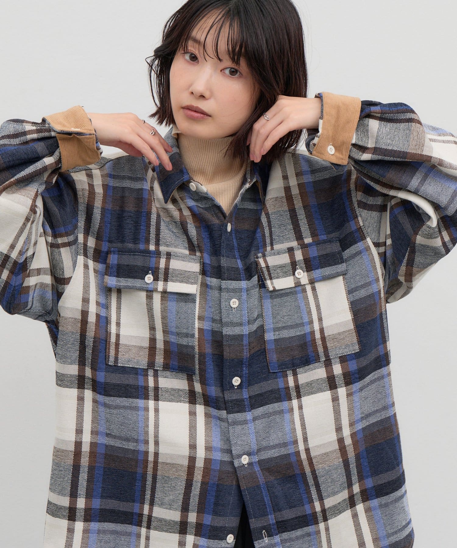 CIAOPANIC TYPY(チャオパニックティピー) 【UNISEX】コーデュロイ袖切り替え/モールチェックシャツジャケット