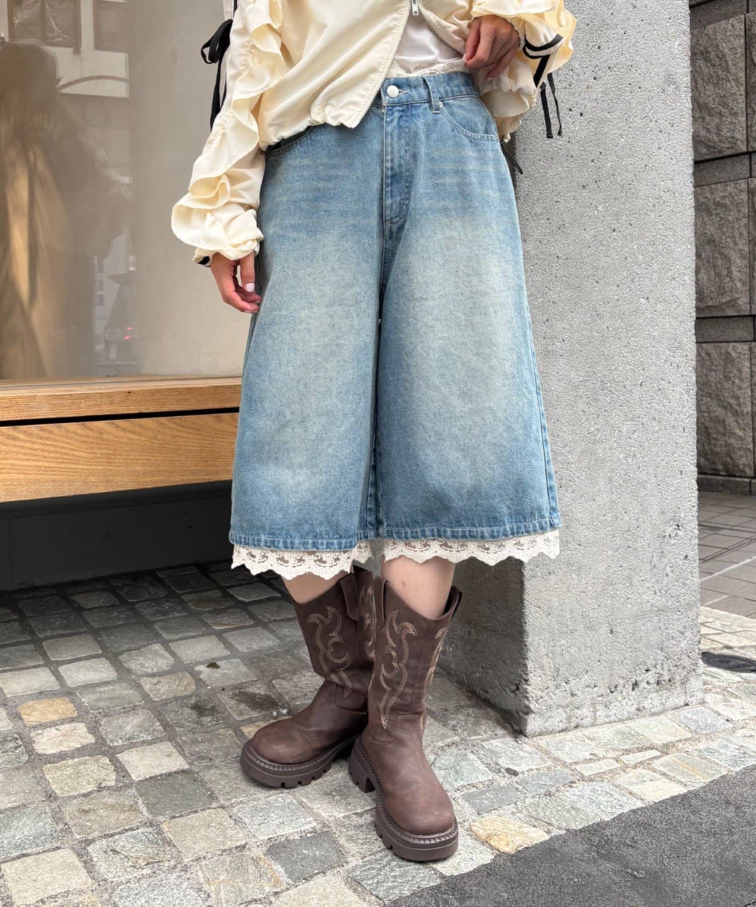 w closet(ダブルクローゼット) レースデニムハーフパンツ
