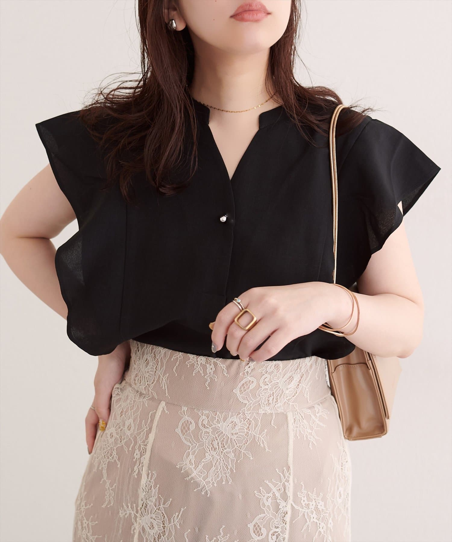 natural couture(ナチュラルクチュール) 【sherbet line】UV接触冷感袖ラッフルスキッパーブラウス