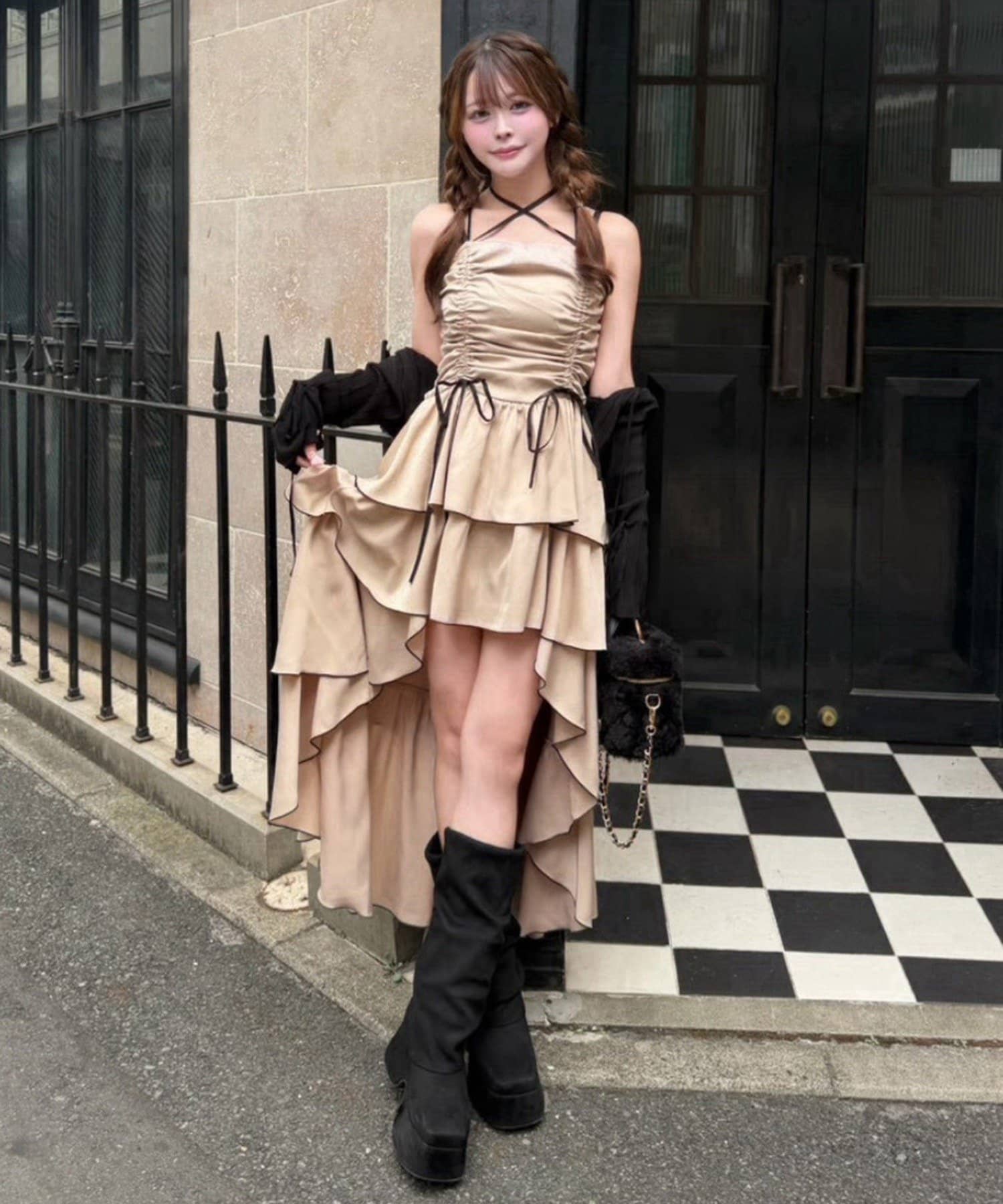 one after another NICE CLAUP(ワンアフターアナザー ナイスクラップ) アシメティアードロングキャミワンピース