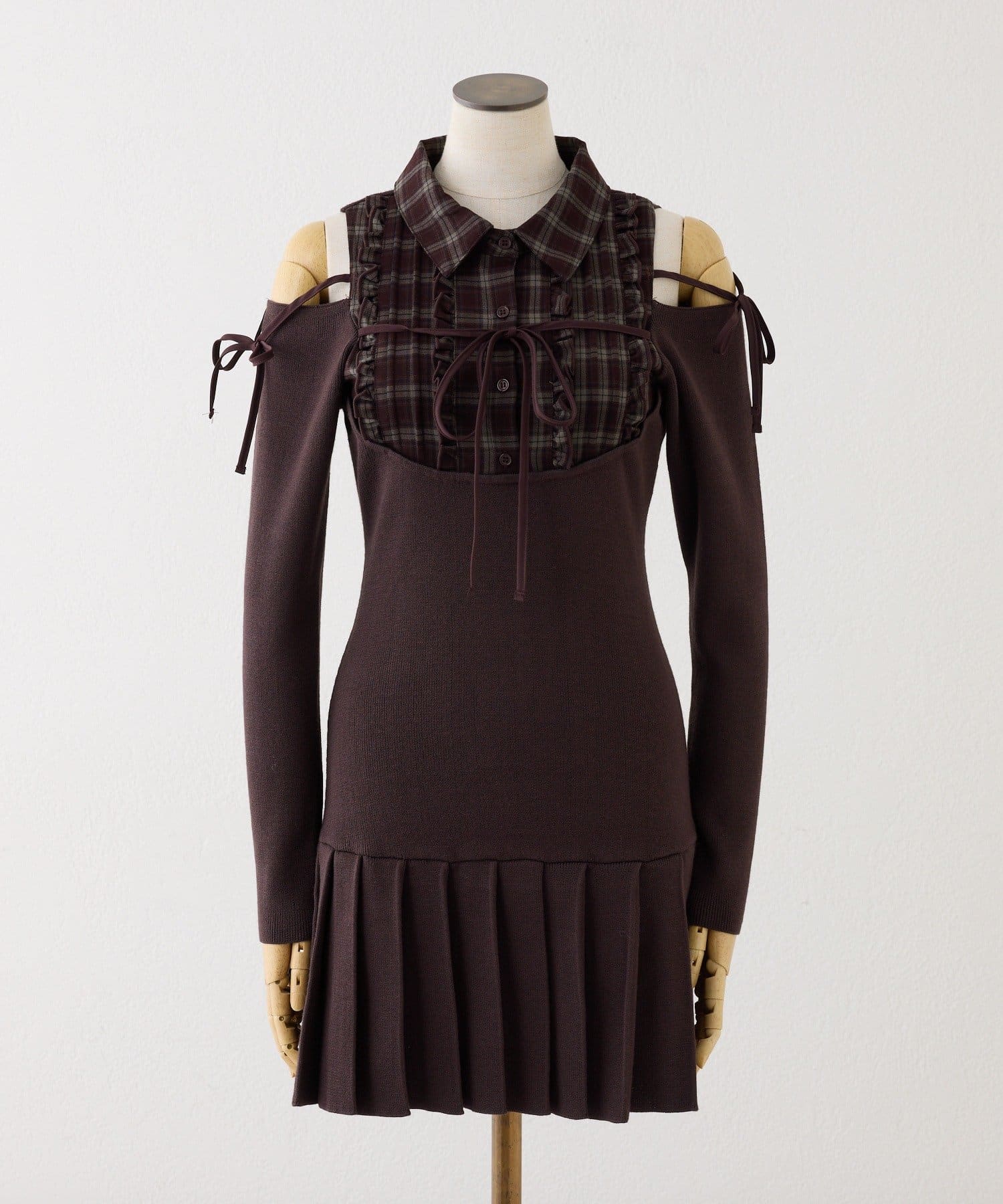 one after another NICE CLAUP(ワンアフターアナザー ナイスクラップ) 【SMサイズ展開】肩あきフリルシャツドッキングワンピース