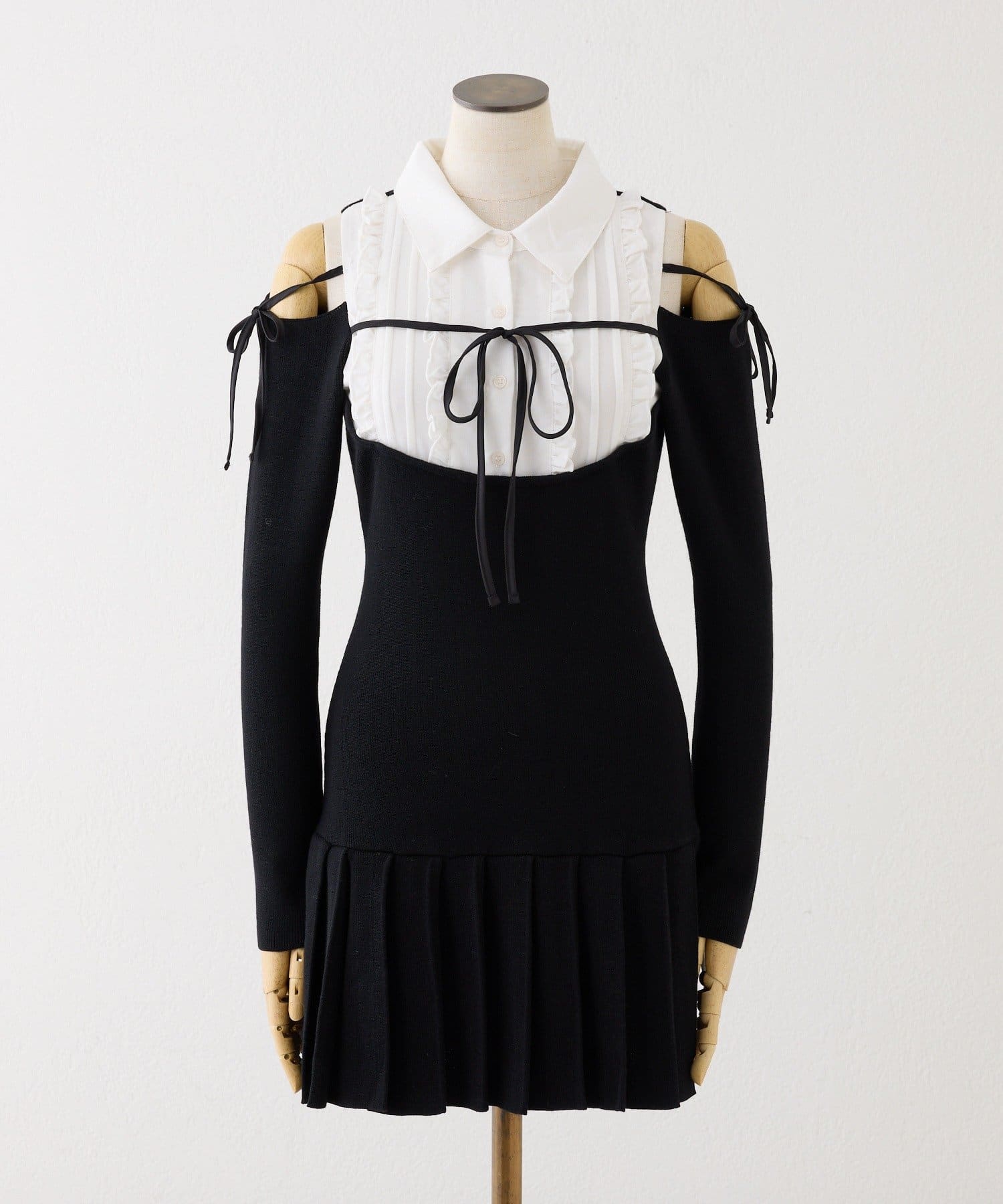 one after another NICE CLAUP(ワンアフターアナザー ナイスクラップ) 【SMサイズ展開】肩あきフリルシャツドッキングワンピース