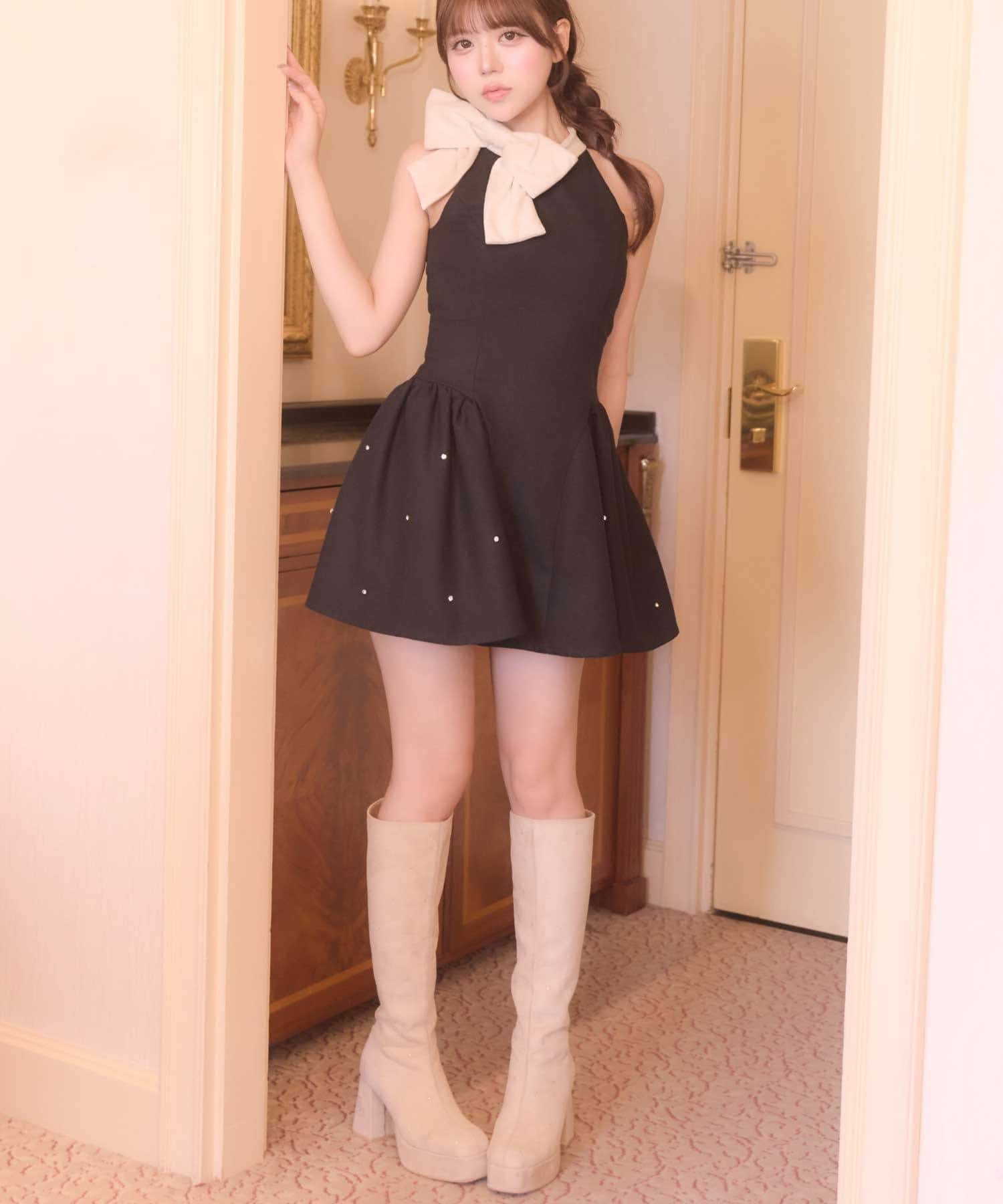 Belle Charme(ベルシャルム) Velour Ribbon Jewel Onepiece