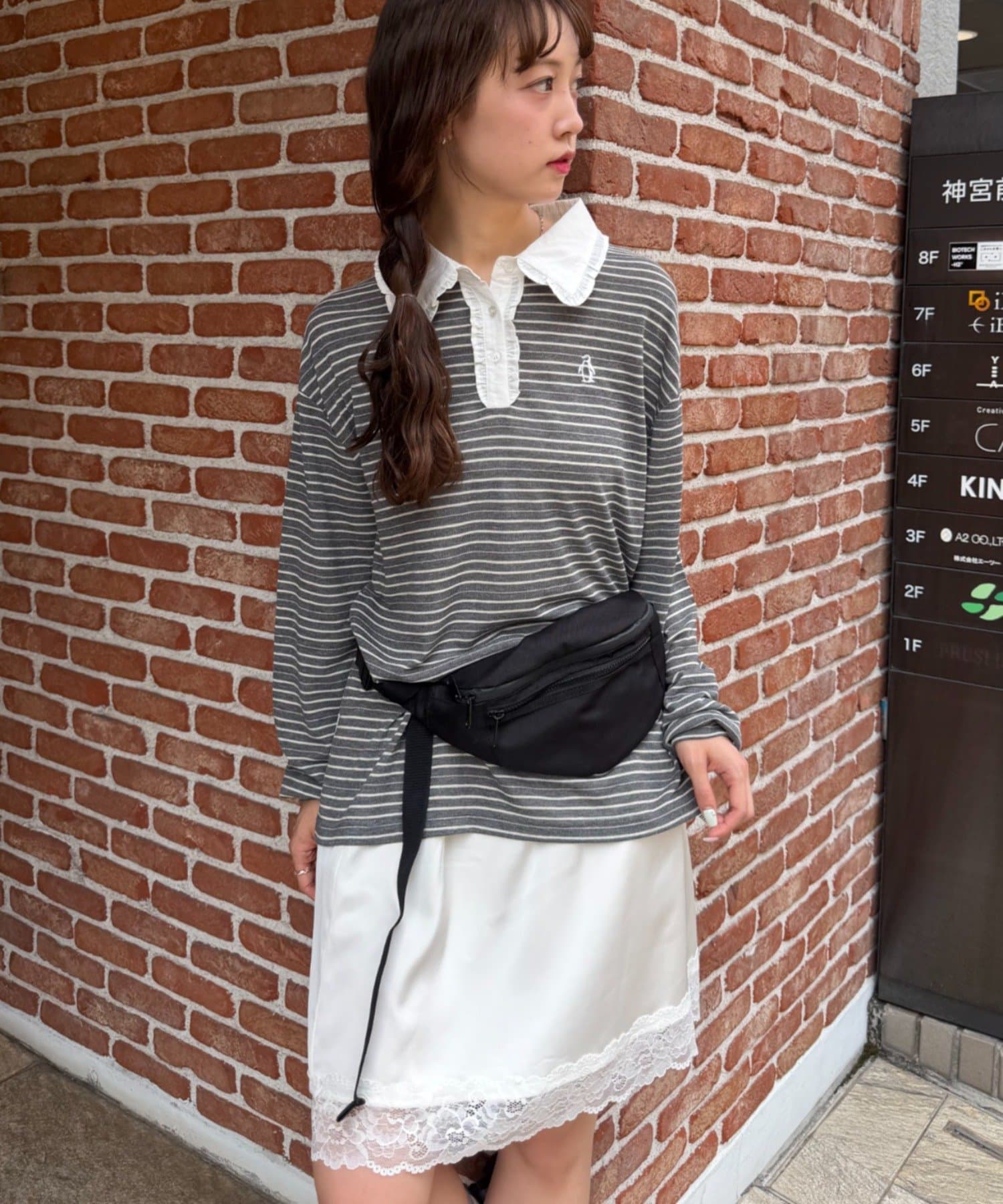 w closet(ダブルクローゼット) フリル衿ボーダーTシャツ
