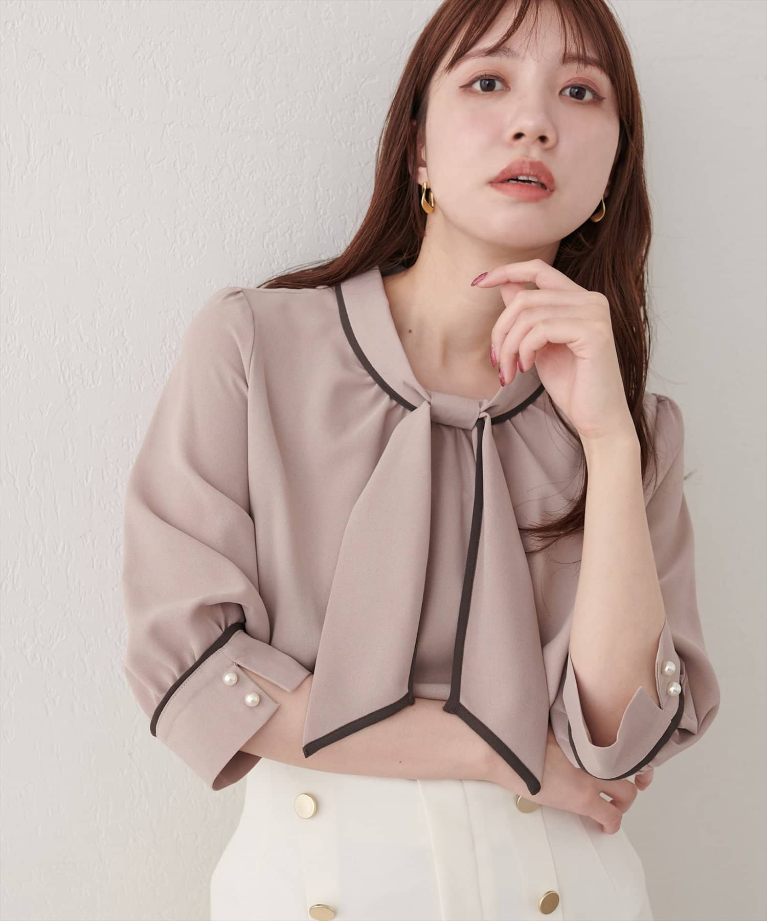 natural couture(ナチュラルクチュール) 配色デザイン7分袖ブラウス