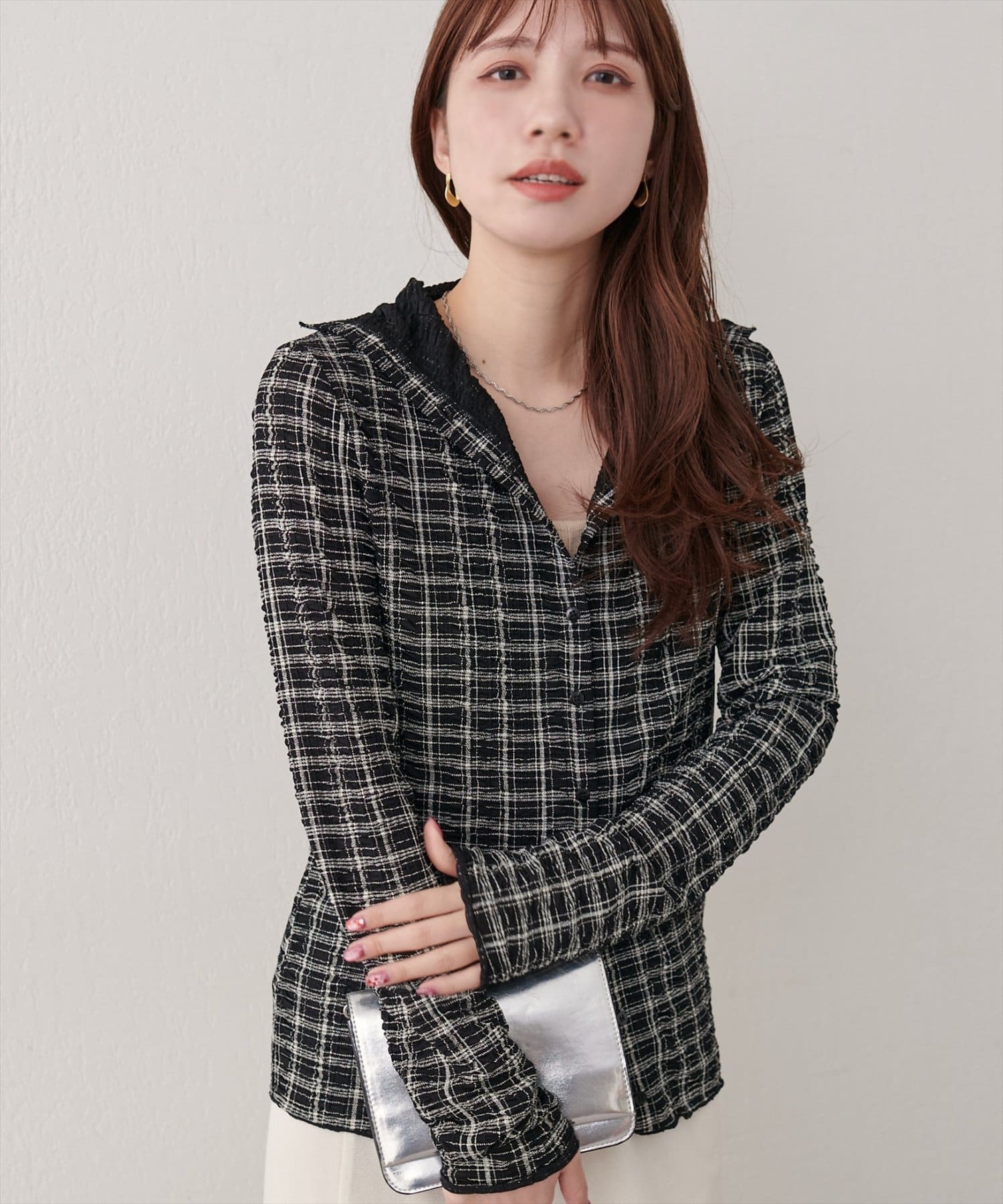 natural couture(ナチュラルクチュール) チェック柄シャーリングプルオーバー