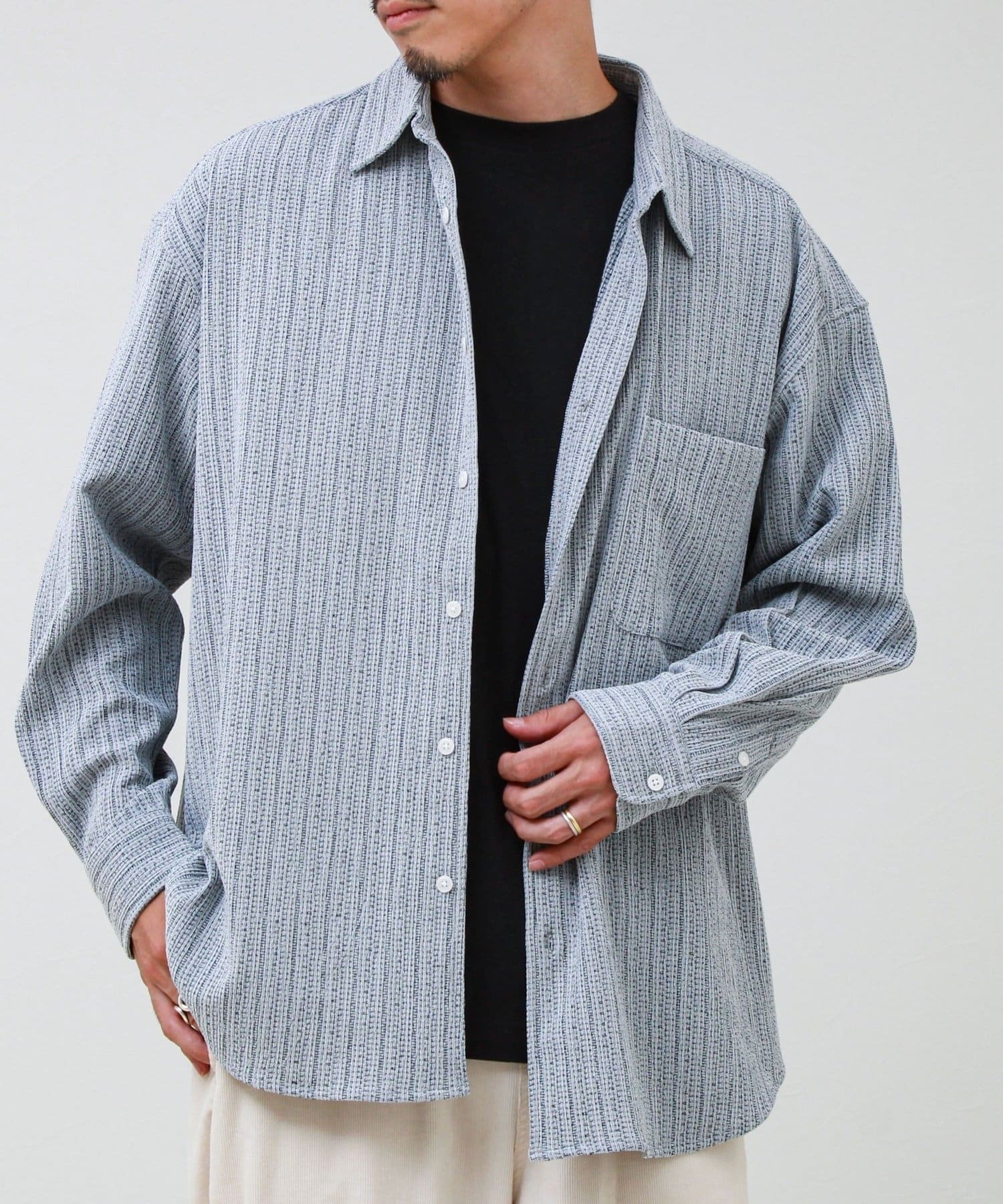 kyon　ピューテリー　ストライプス　STRIPES ウール　サイズ48 Stripe crepe ストライプ楊柳 ロングスリーブオーバーサイズシャツ