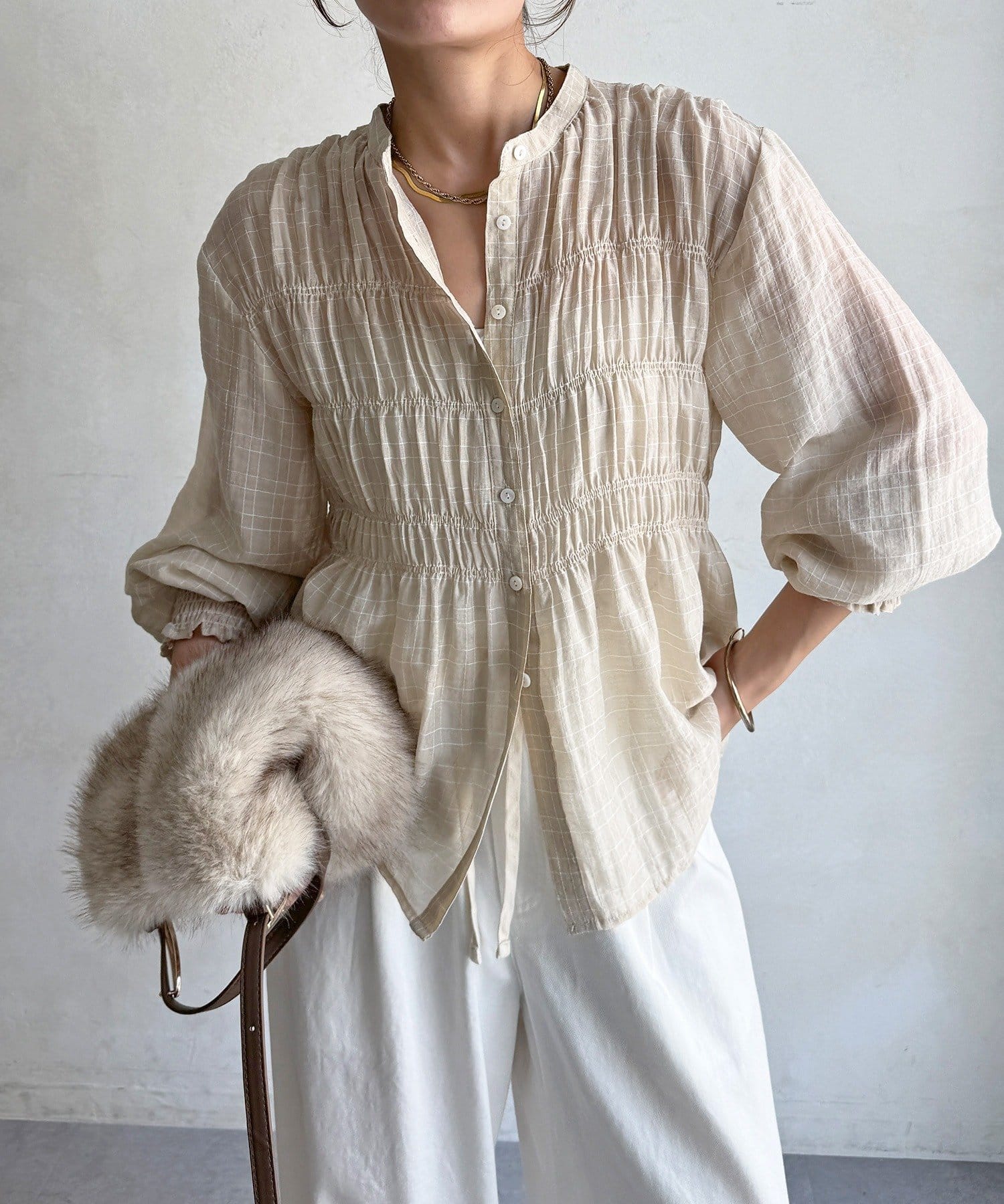 DOUDOU(ドゥドゥ) チェックシャーリングシャツ