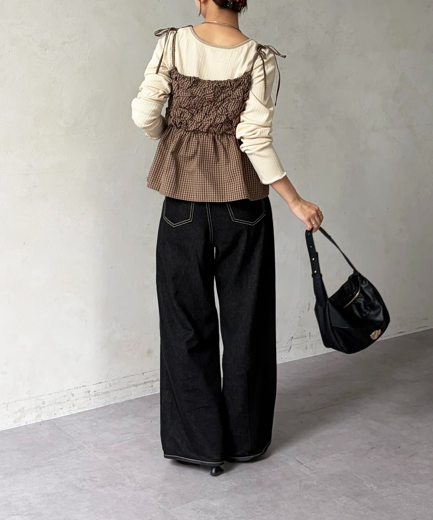 Thevon.(ゼヴォン) チェック柄シャーリングペプラムビスチェ