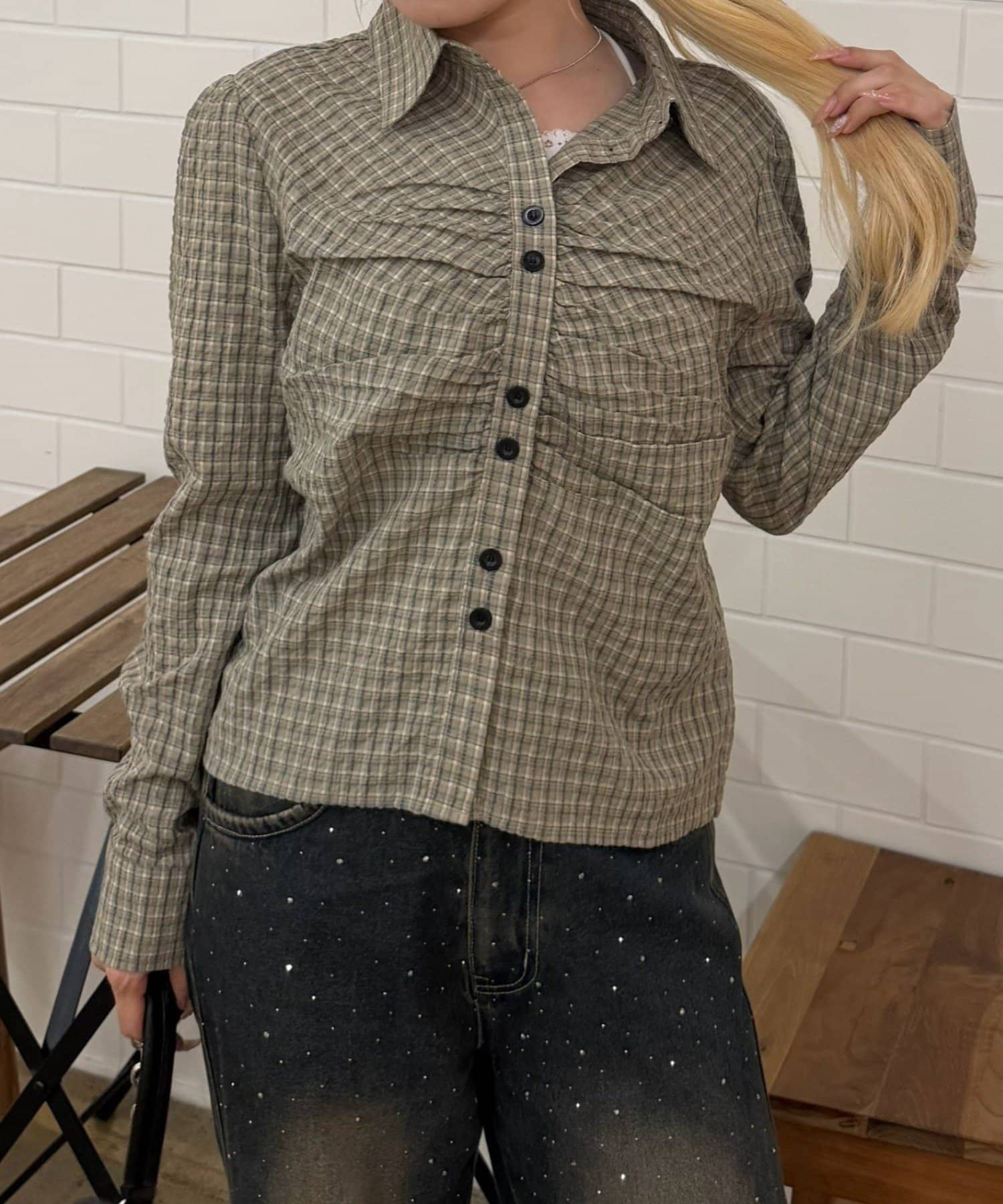 NICE CLAUP / OLIVE des OLIVE OUTLET(ナイスクラップ  / オリーブ デ オリーブ アウトレット) 【ANOTHER BRANCH】チェックギャザーブラウス