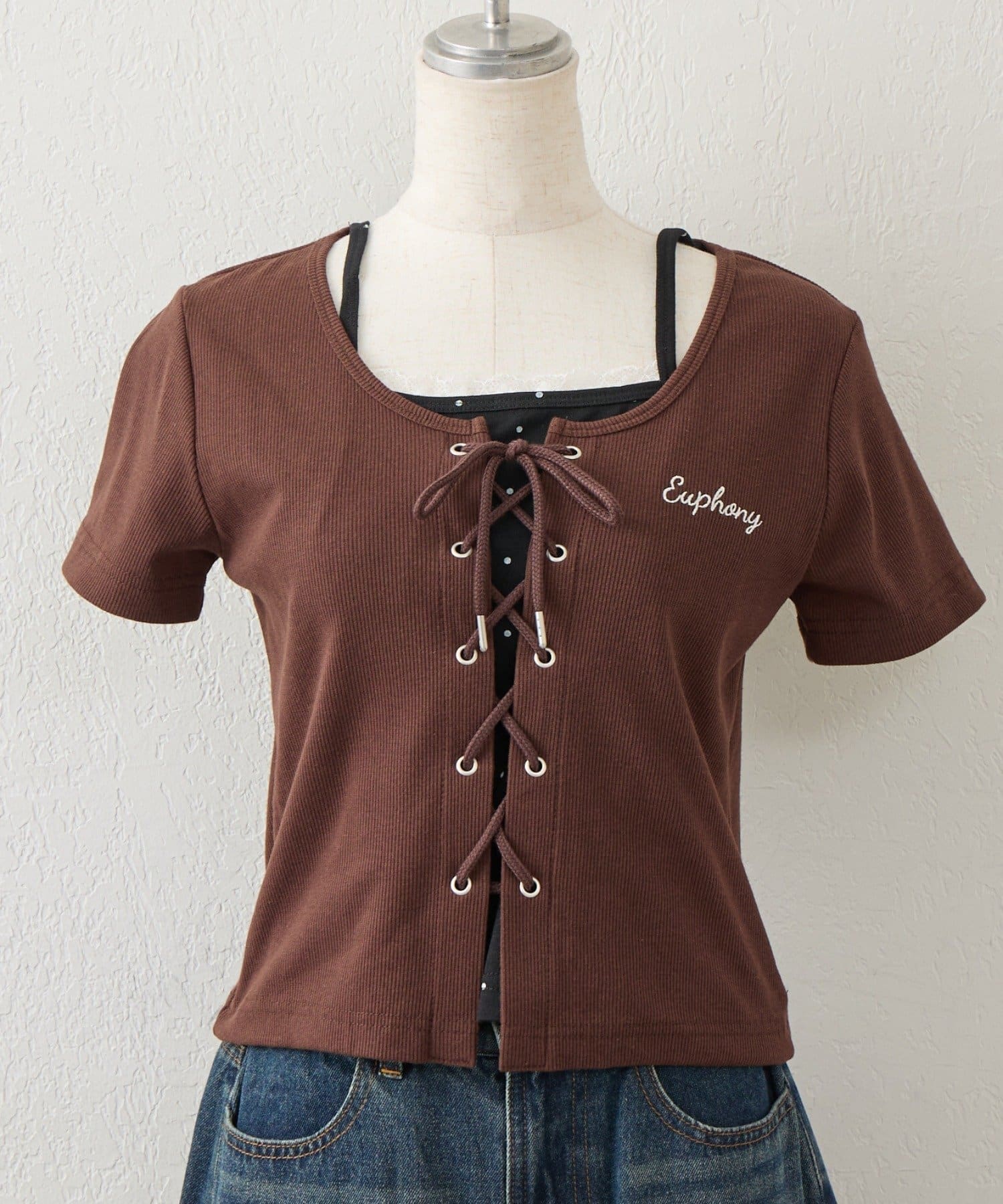 NICE CLAUP / OLIVE des OLIVE OUTLET(ナイスクラップ  / オリーブ デ オリーブ アウトレット) 【continuer】レースアップレイヤー風トップス