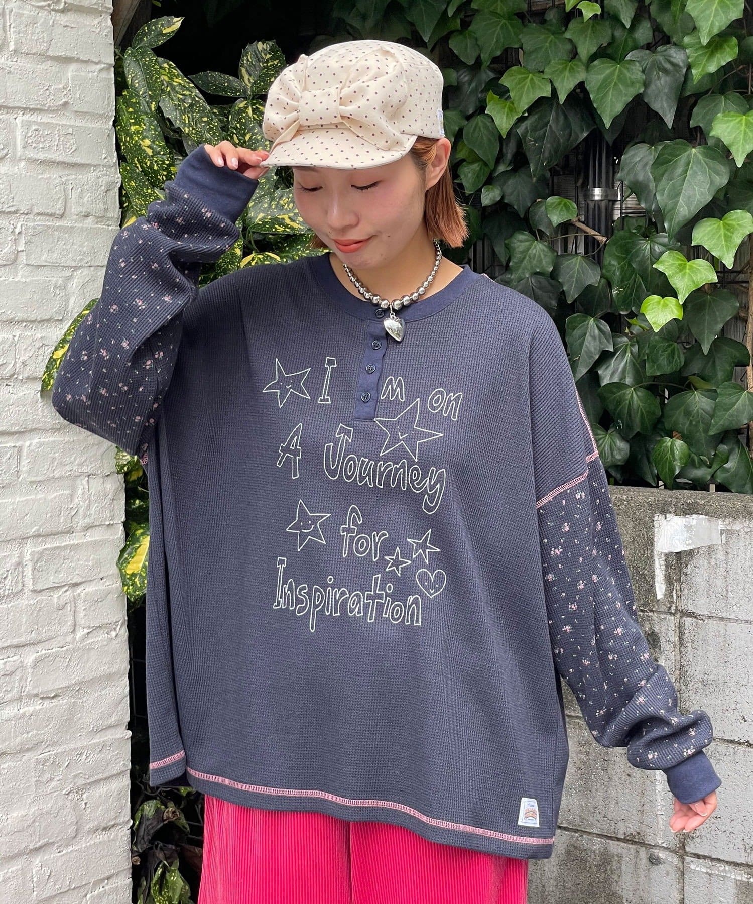 CIAOPANIC(チャオパニック) 【HELLO.SANFRANCISCO/ハローサンフランシスコ】花柄プリントワッフルヘンリーTEE
