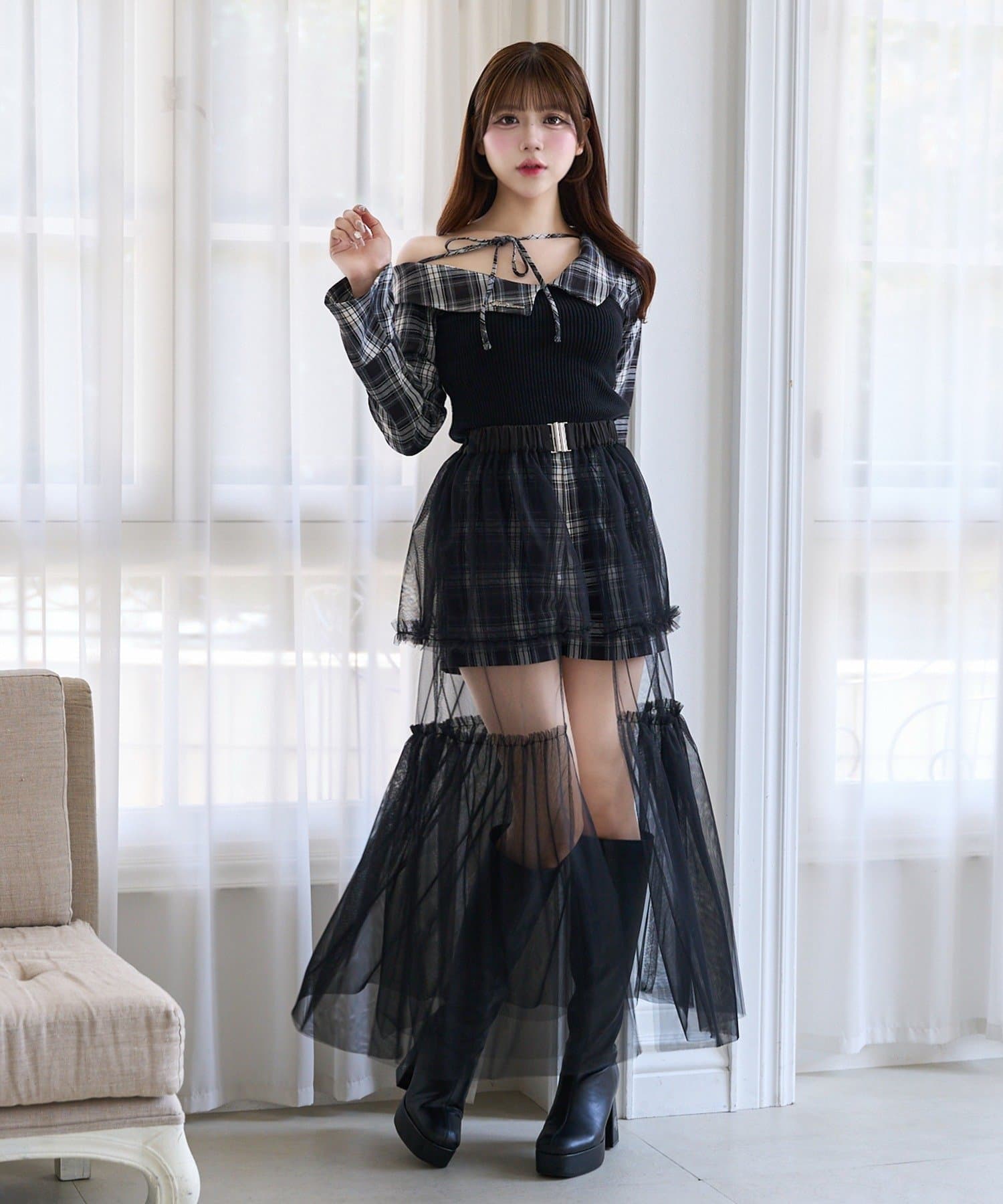 Belle Charme(ベルシャルム) Check Docking Knit Tops
