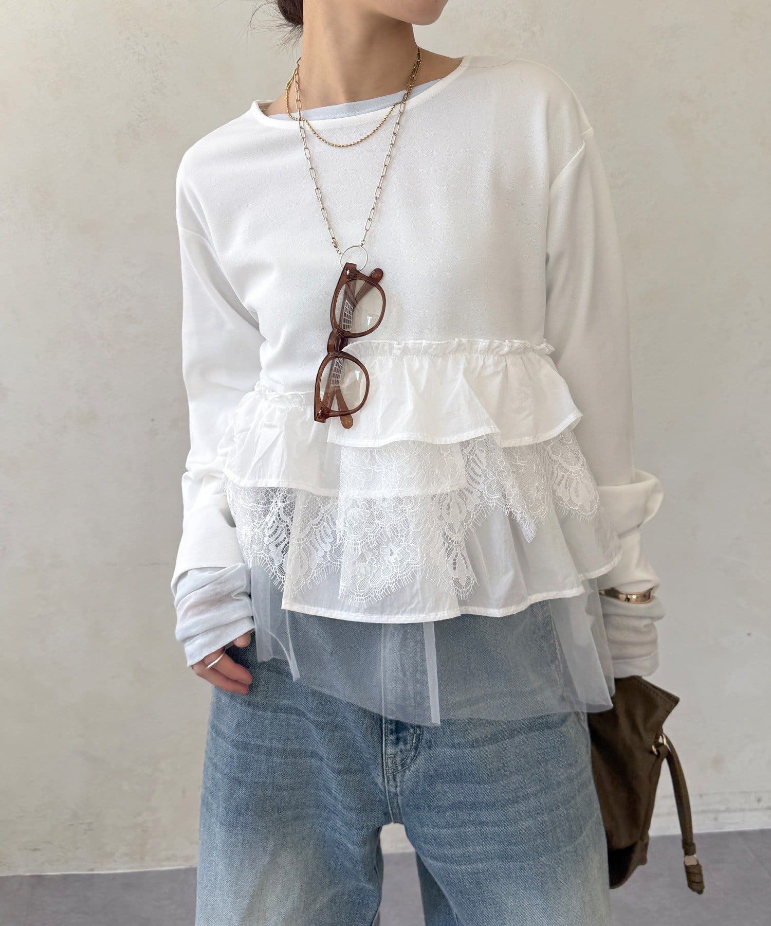 DOUDOU(ドゥドゥ) 【WEB限定】カットジョーゼット異素材切替フリルブラウス