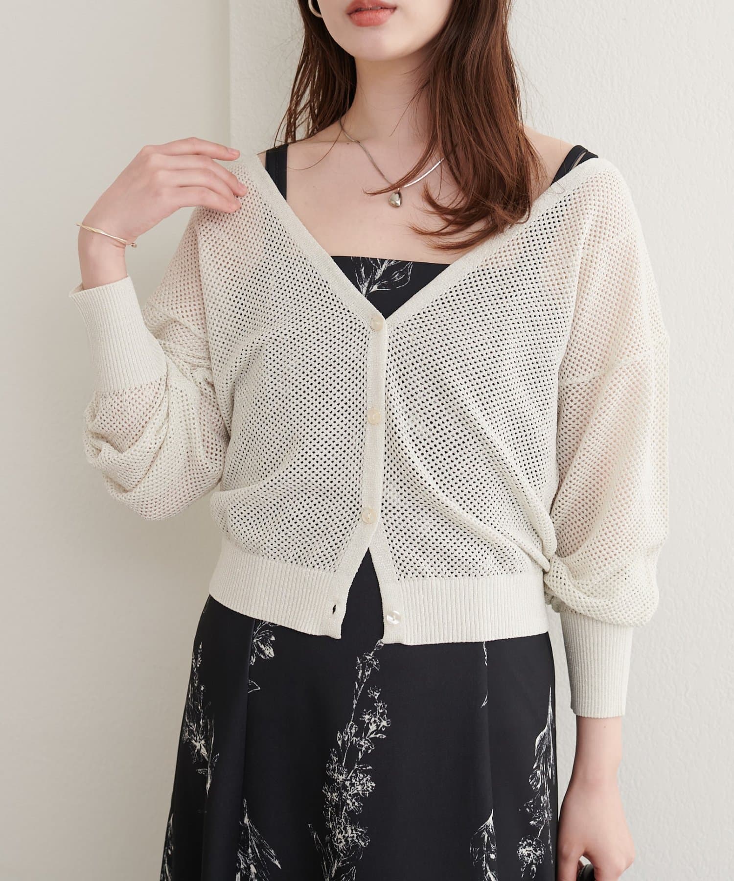 natural couture(ナチュラルクチュール) 透かし編みラメニットカーディガン
