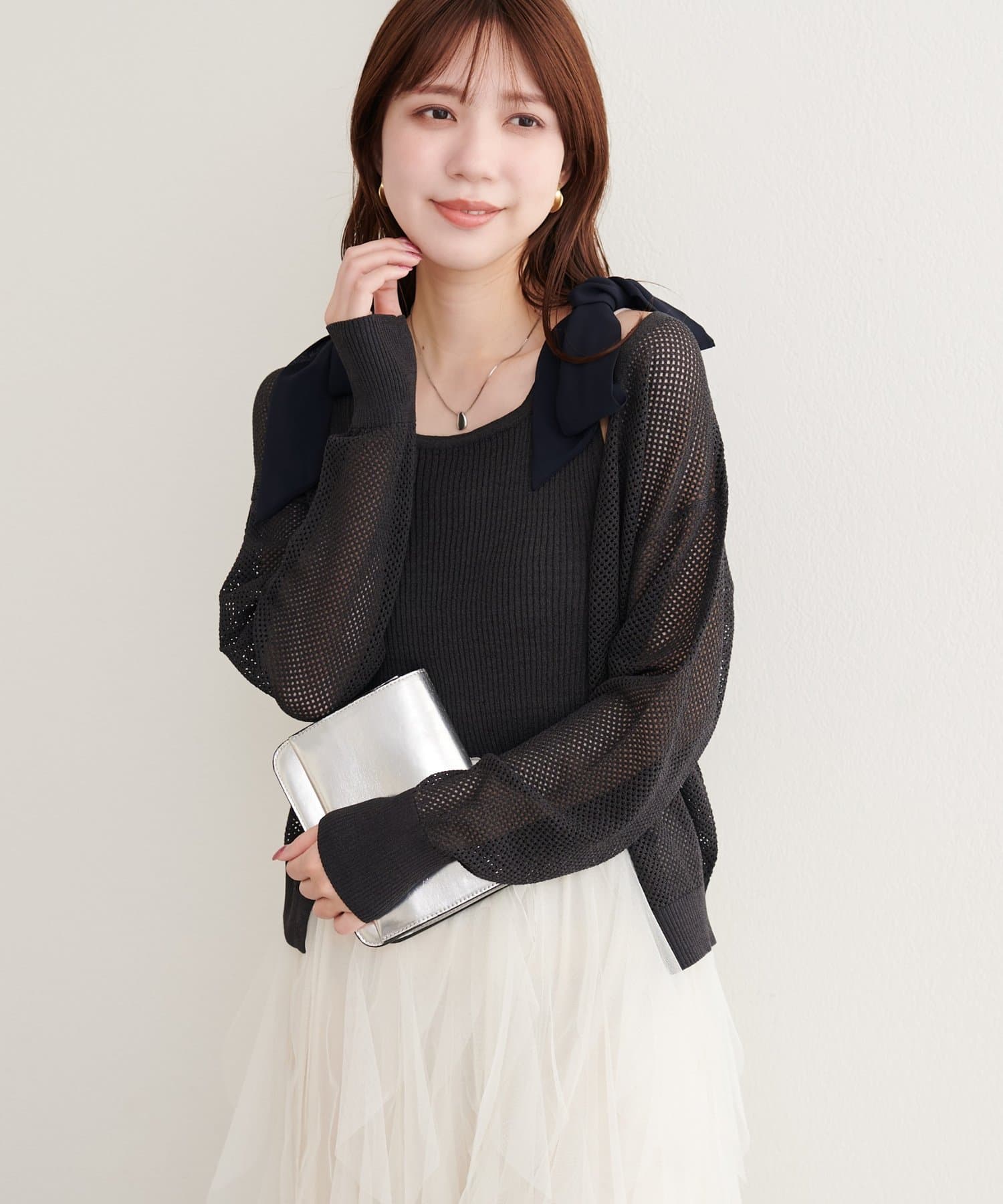 natural couture(ナチュラルクチュール) 透かし編みラメニットカーディガン