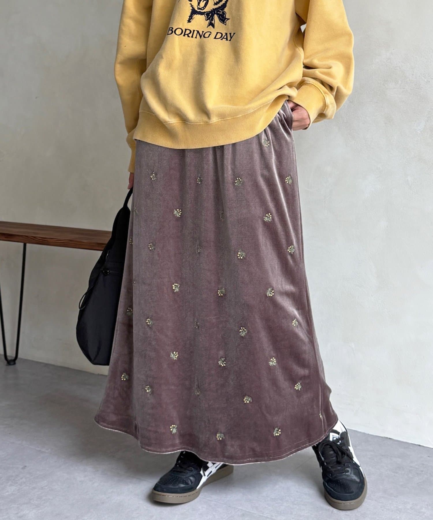 CPCM(シーピーシーエム) 【セットアップ着用可】小花刺繍ベロアナロースカート