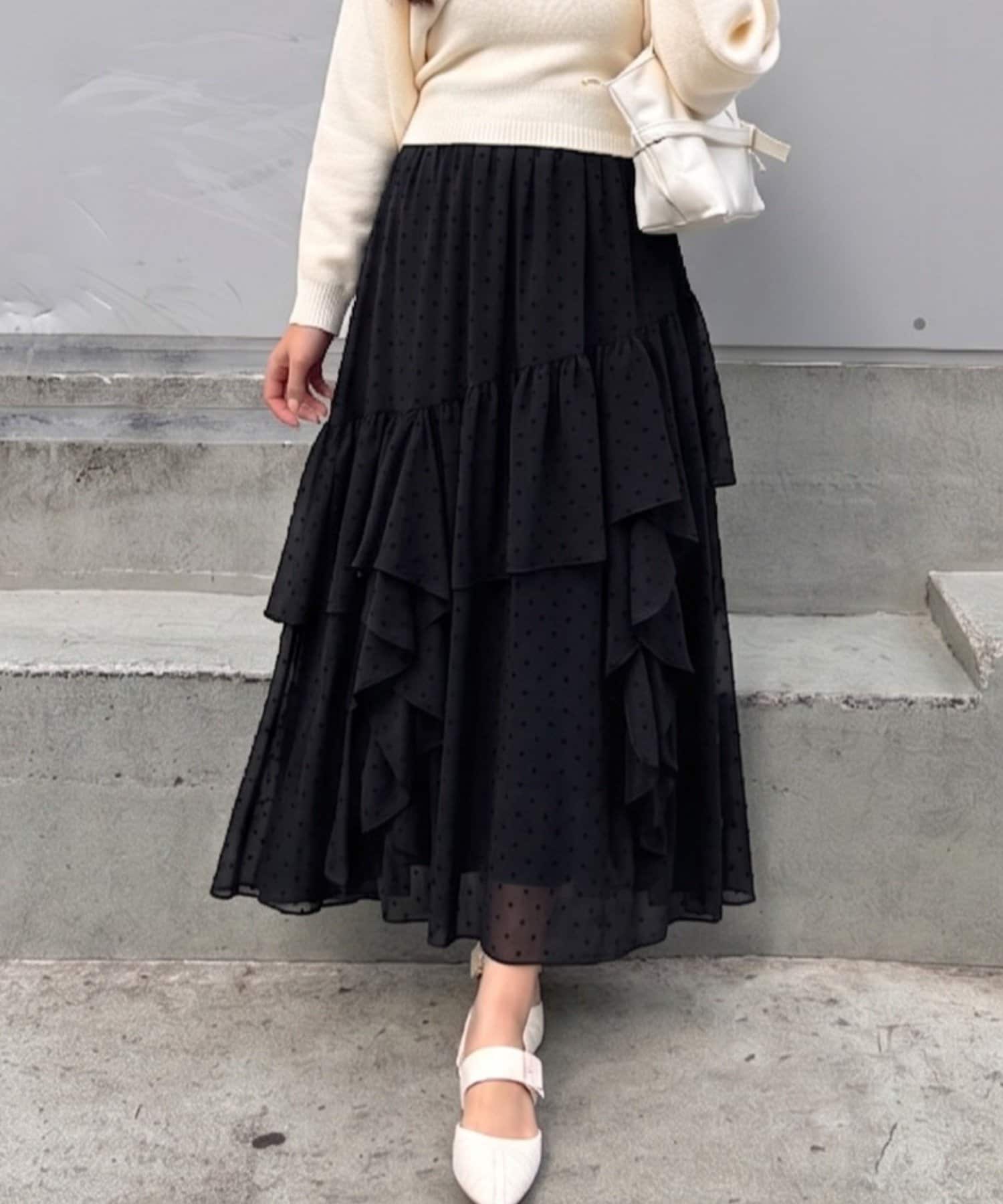NICE CLAUP / OLIVE des OLIVE OUTLET(ナイスクラップ  / オリーブ デ オリーブ アウトレット) 【one after another】ドット柄ティアードロングスカート