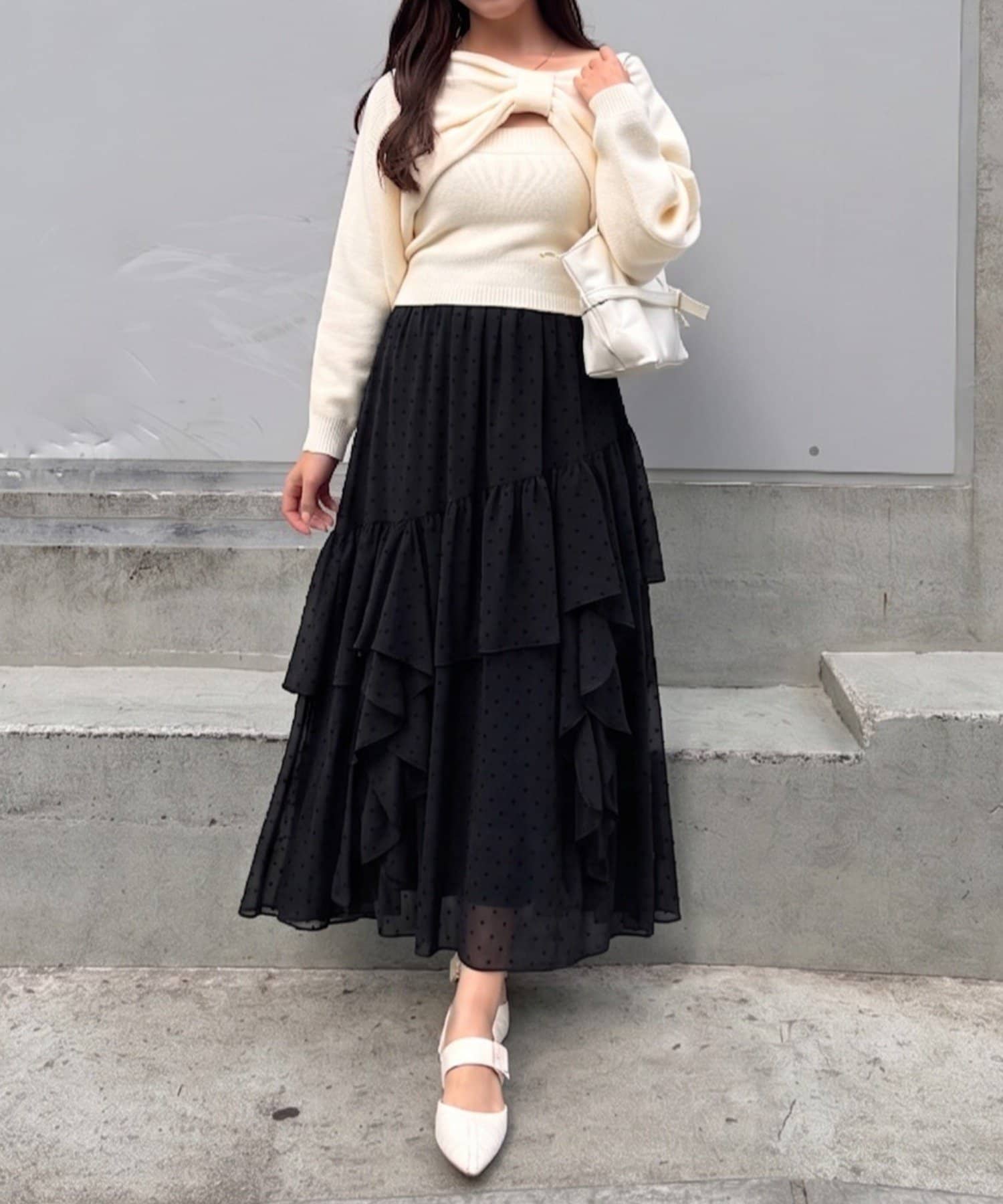 NICE CLAUP / OLIVE des OLIVE OUTLET(ナイスクラップ  / オリーブ デ オリーブ アウトレット) 【one after another】ドット柄ティアードロングスカート