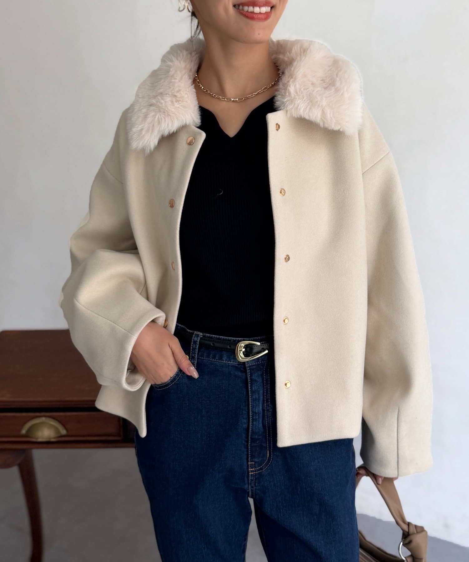 Chez toi(シェトワ) ファー襟取り外しショートコート