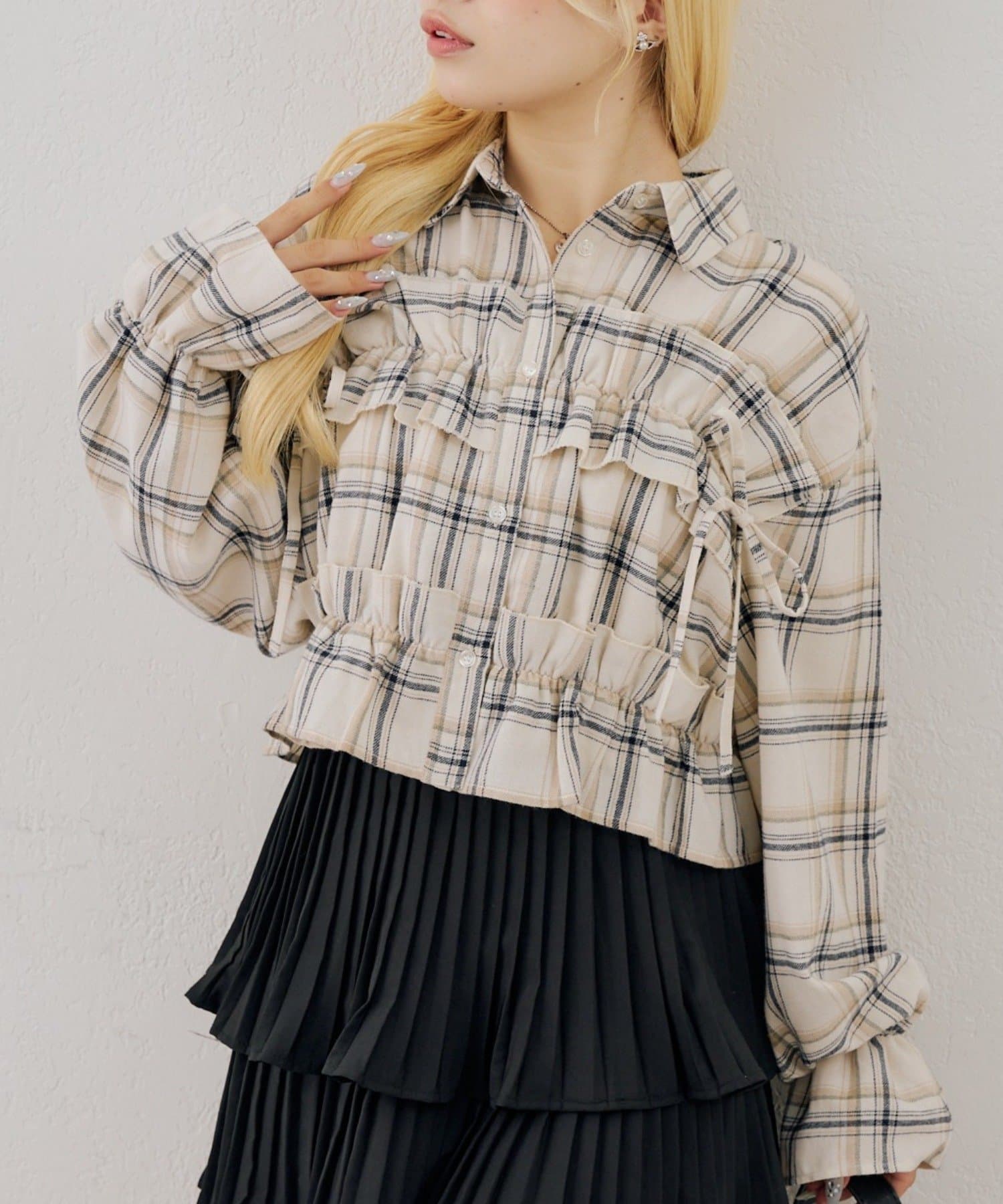 NICE CLAUP / OLIVE des OLIVE OUTLET(ナイスクラップ  / オリーブ デ オリーブ アウトレット) 【ANOTHER BRANCH】リボンシャーリングチェックシャツ