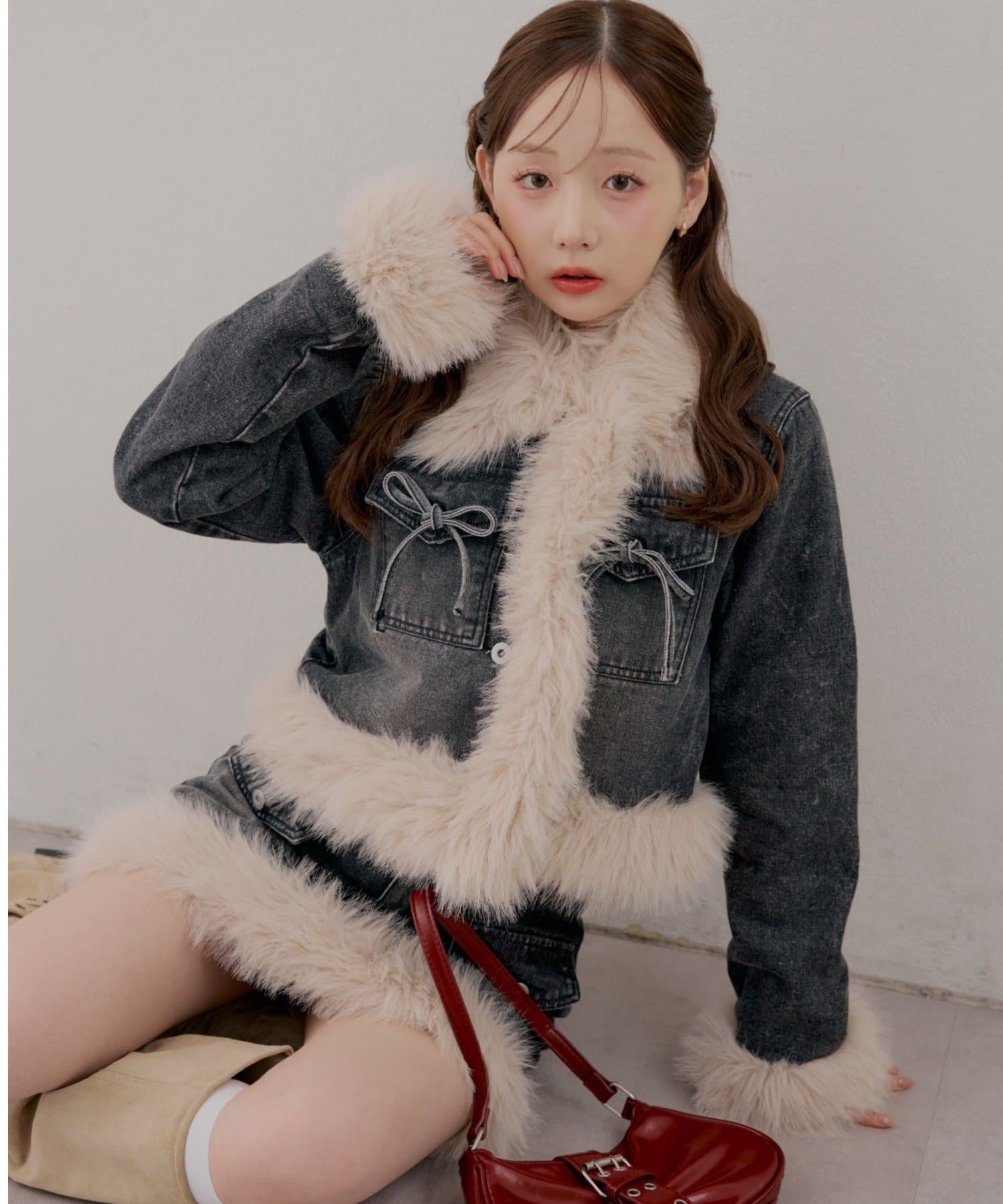 NICE CLAUP / OLIVE des OLIVE OUTLET(ナイスクラップ  / オリーブ デ オリーブ アウトレット) 【continuer】【セットアップ対応可】フェイクファー付きデニムスカート