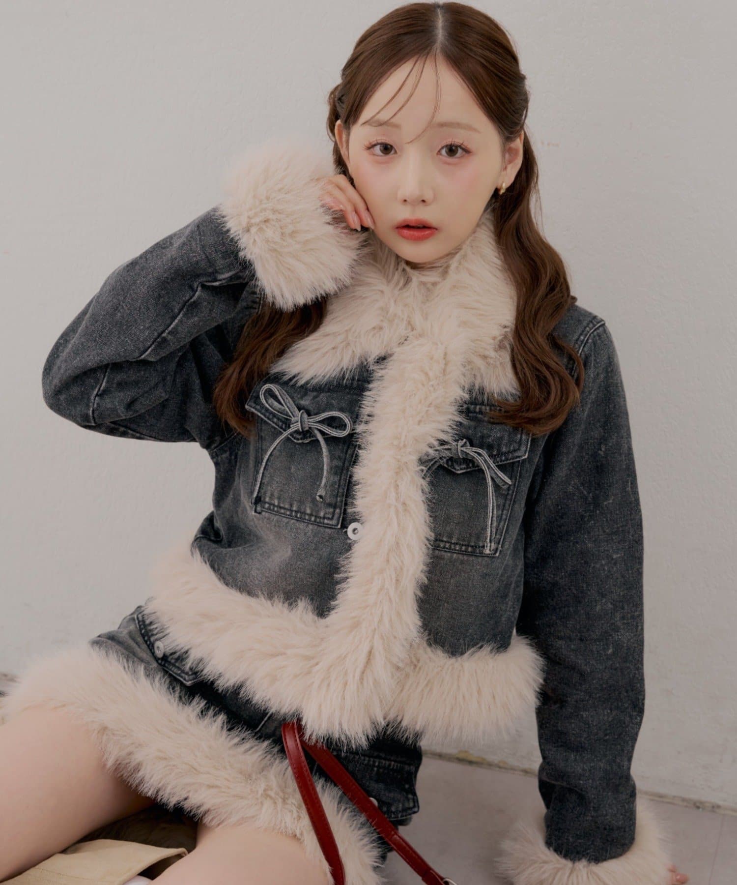 NICE CLAUP / OLIVE des OLIVE OUTLET(ナイスクラップ  / オリーブ デ オリーブ アウトレット) 【continuer】セットアップ対応可フェイクファー付デリボンデニムブルゾン