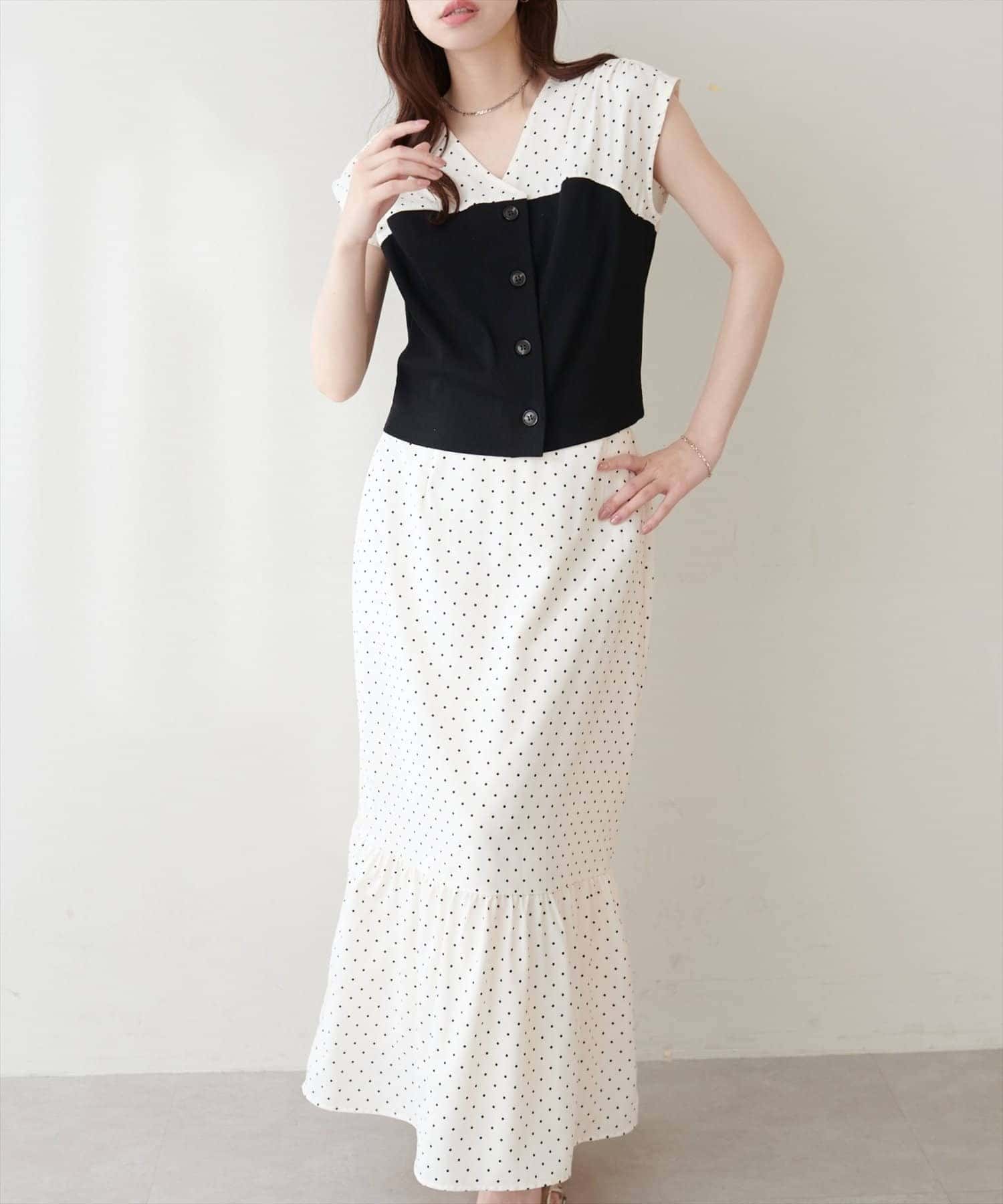 NICE CLAUP / OLIVE des OLIVE OUTLET(ナイスクラップ  / オリーブ デ オリーブ アウトレット) 【natural couture】異素材ドッキントップス×ギャザースカートSET