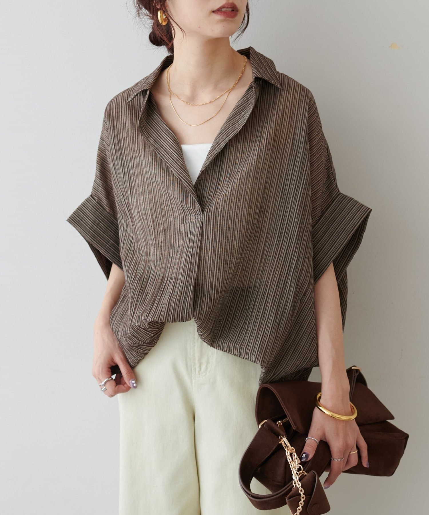 NICE CLAUP / OLIVE des OLIVE OUTLET(ナイスクラップ  / オリーブ デ オリーブ アウトレット) 【LARUTA】シアー麻タッチスキッパーシャツ