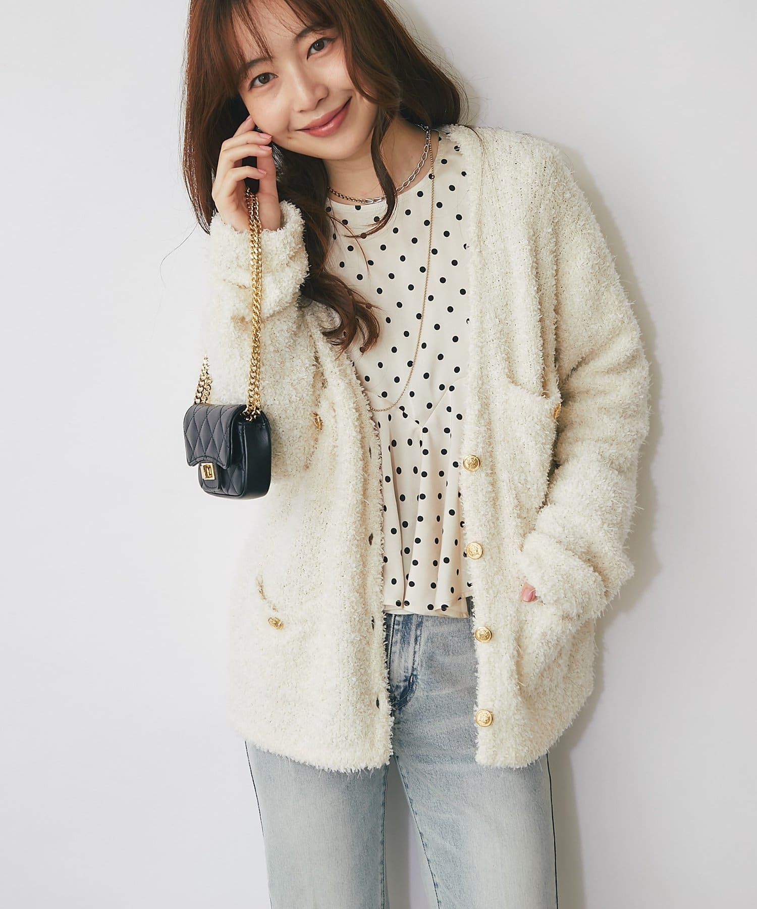 La boutique BonBon(ラブティックボンボン) ショウセン糸ツイードVネックカーディガン