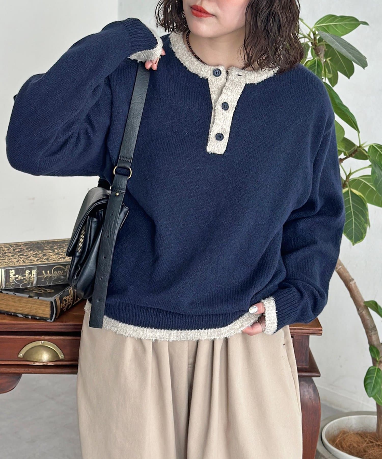 CPCM(シーピーシーエム) 異素材クレリックヘンリーニット