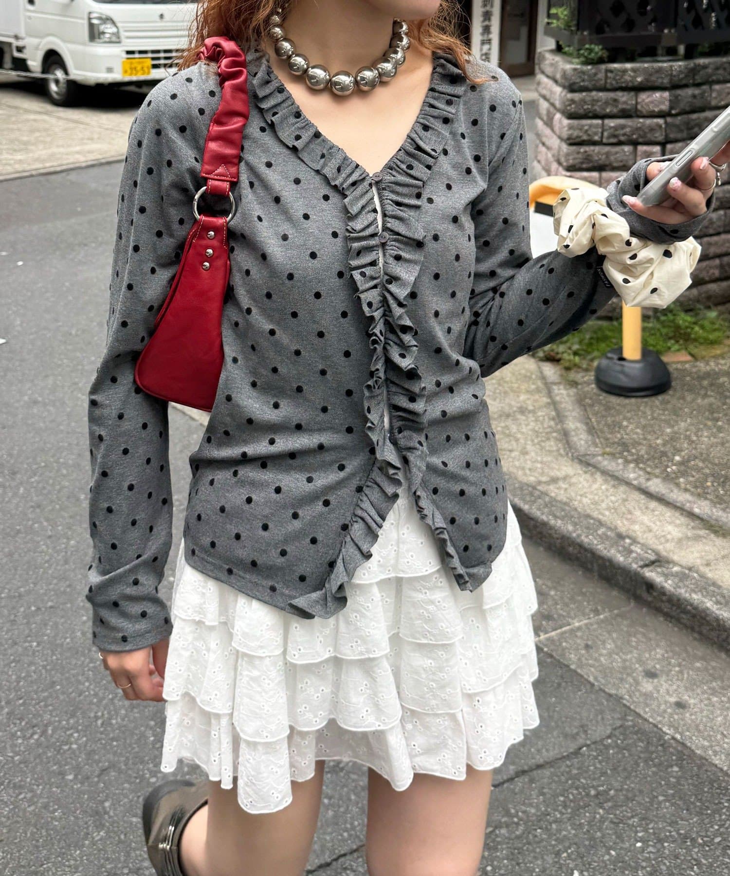 CIAOPANIC(チャオパニック) ミニラッフルドットスキッパーカーディガン
