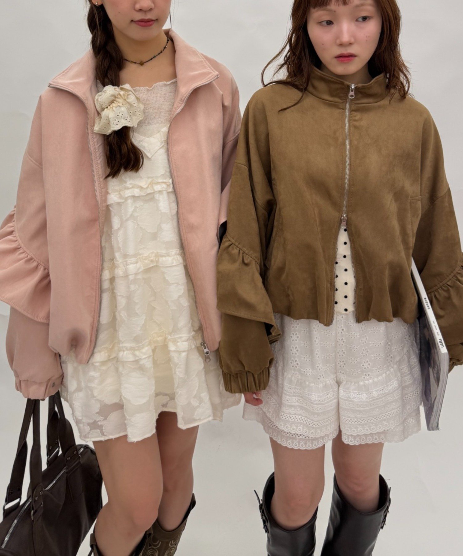 w closet(ダブルクローゼット) 【選べる着丈！Sサイズ・Mサイズ展開】スウェードライクフリルブルゾン
