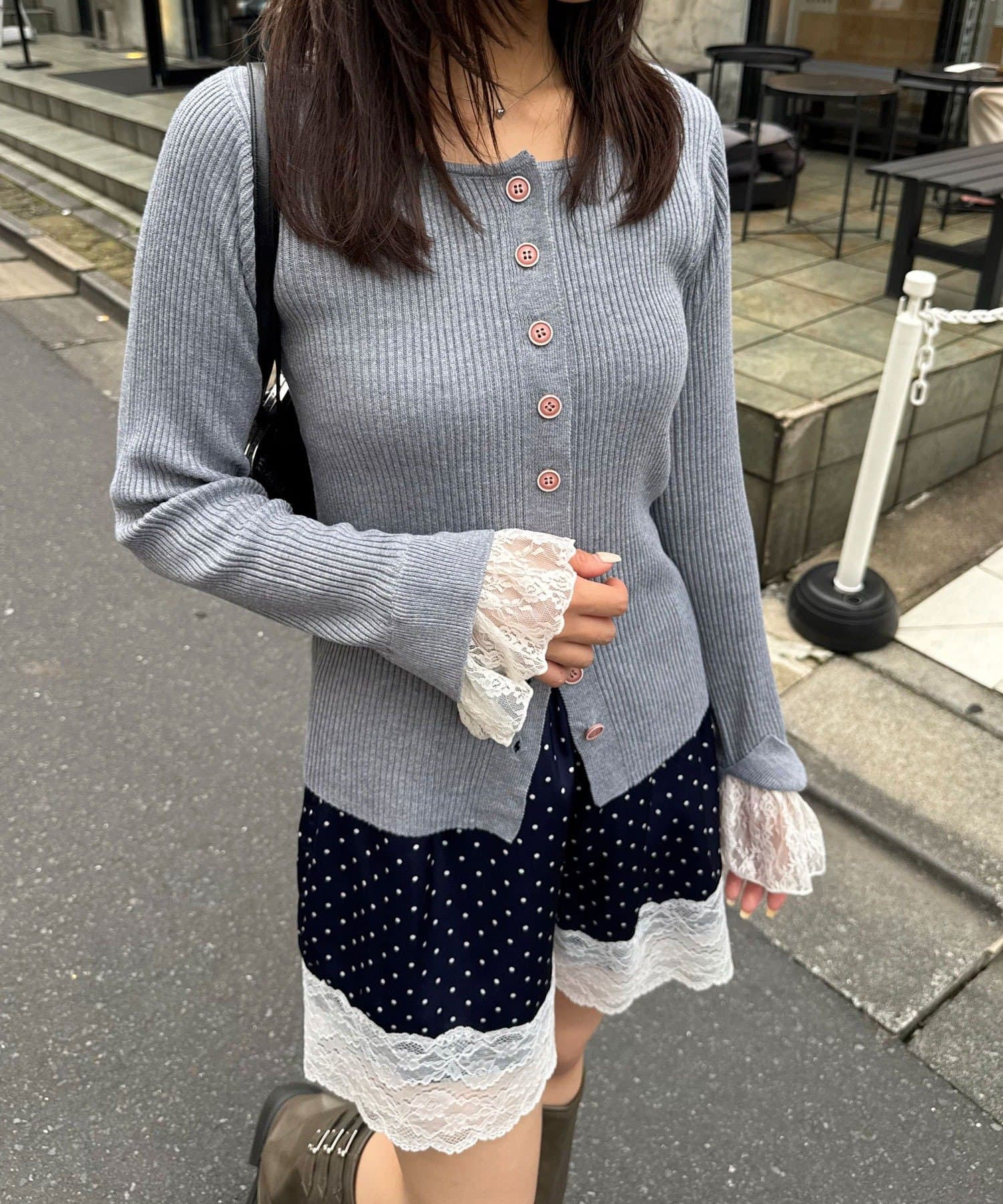 CIAOPANIC(チャオパニック) のびのびリブニット袖レースカーディガン