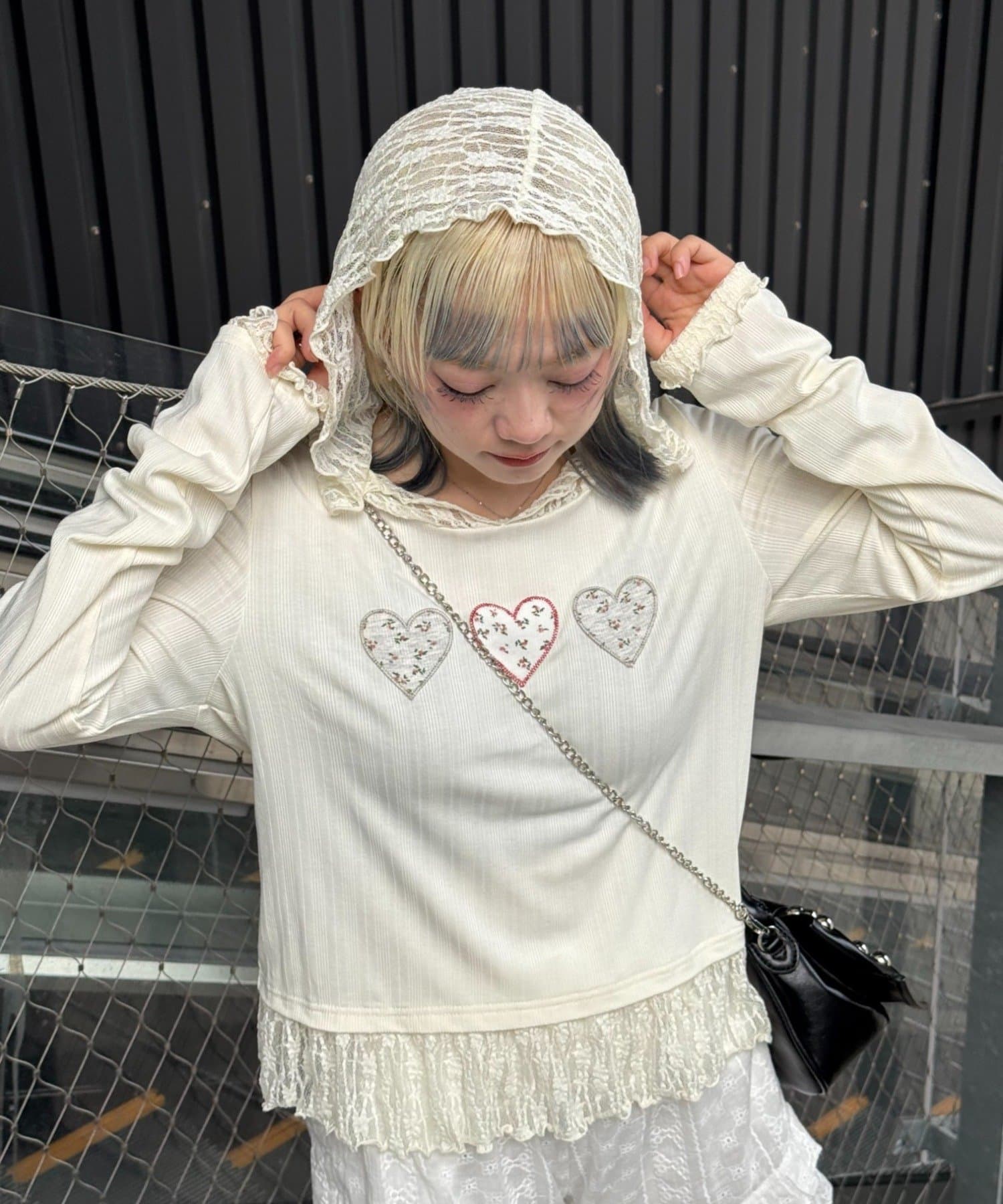 CIAOPANIC(チャオパニック) レースフードハートパッチリブトップス
