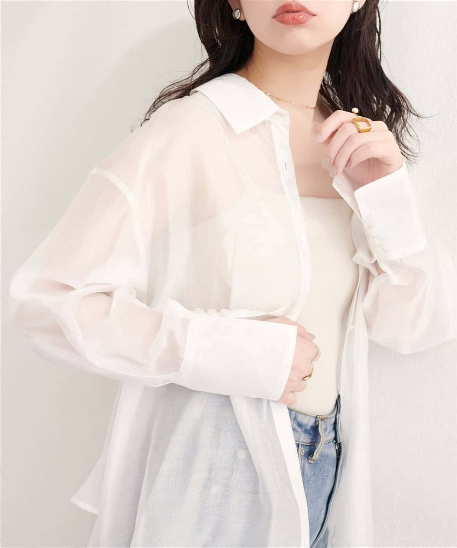 natural couture(ナチュラルクチュール) 【sherbet line】接触冷感バックフリルシアーシャツ