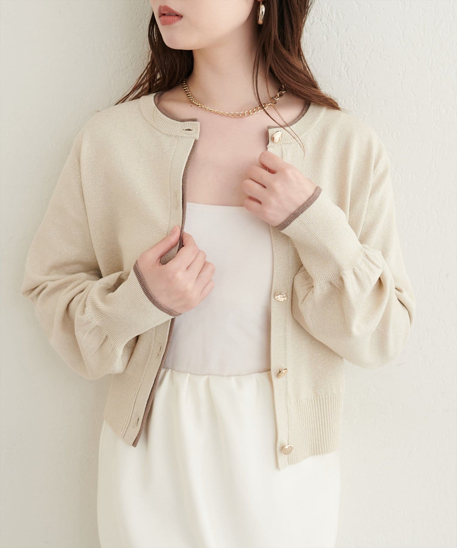 natural couture(ナチュラルクチュール) 配色ラメクルーネックカーディガン