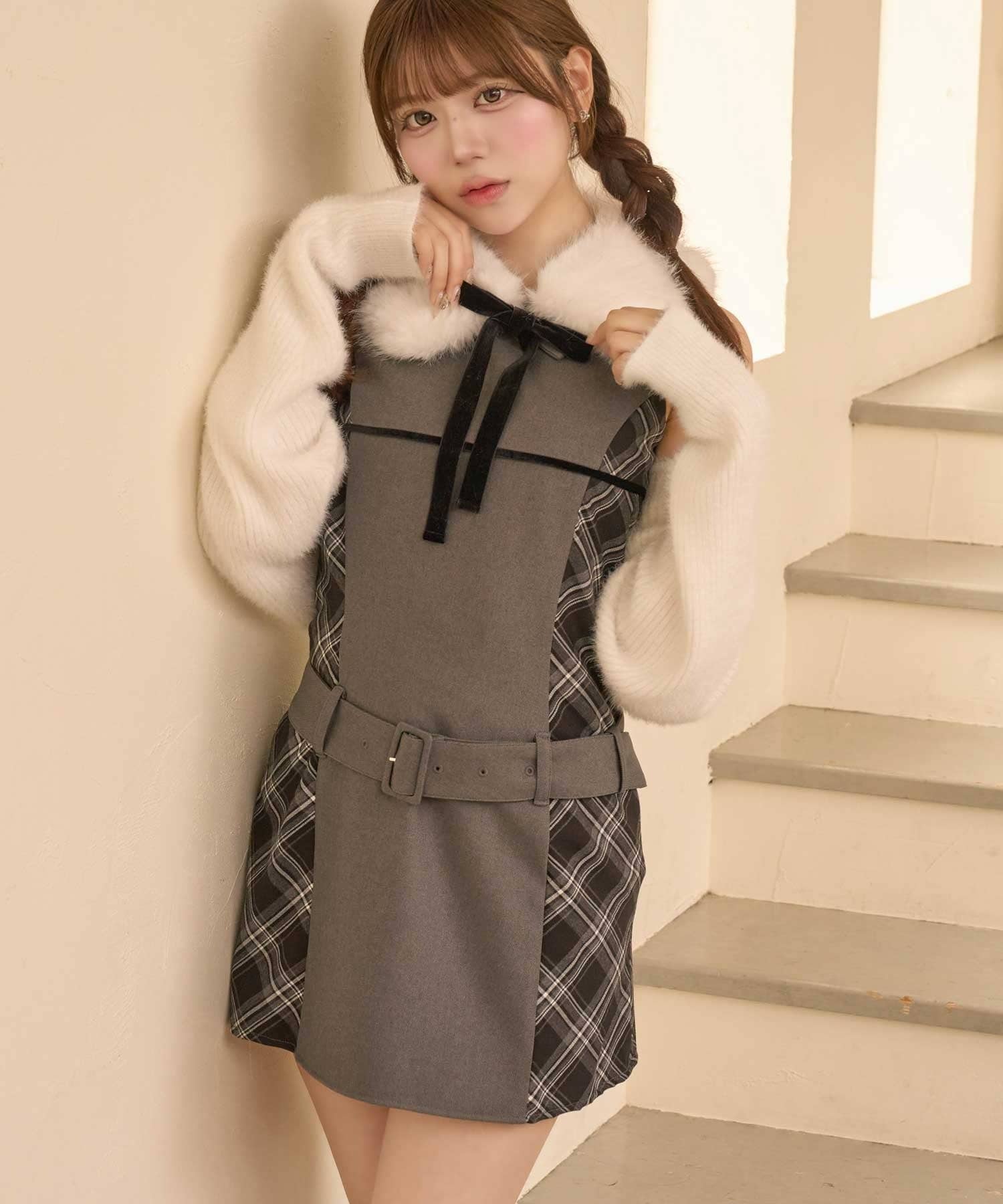 Belle Charme(ベルシャルム) Ribbon Fur Collar Onepiece