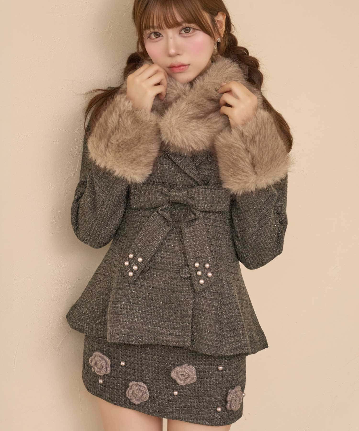 Belle Charme(ベルシャルム) Fur Tweed Peplum Jacket