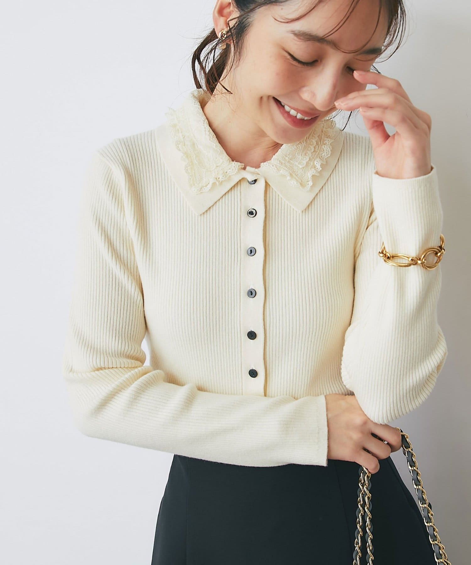 La boutique BonBon(ラブティックボンボン) レースポロ衿リブニットカーディガン