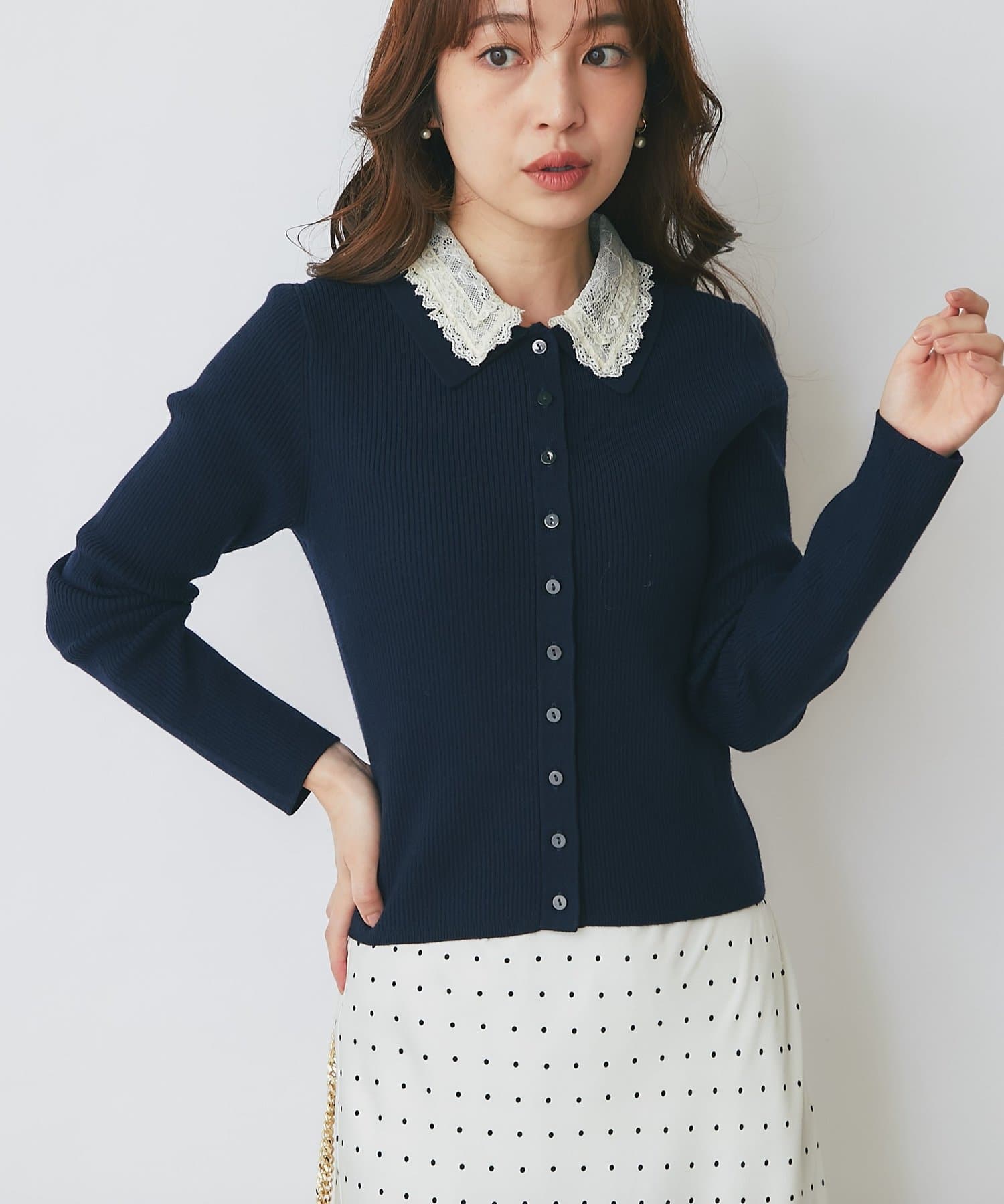 La boutique BonBon(ラブティックボンボン) レースポロ衿リブニットカーディガン