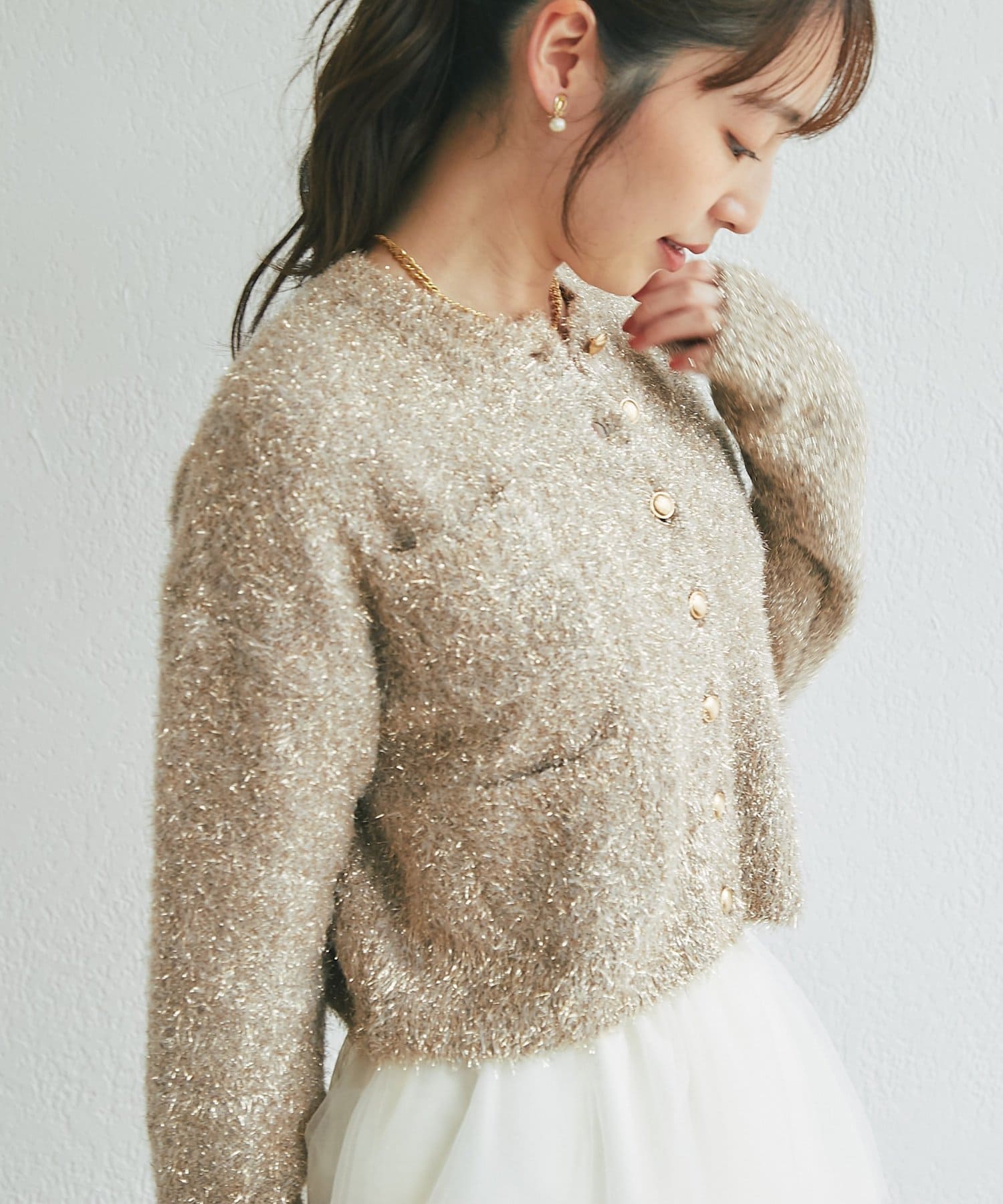 La boutique BonBon(ラブティックボンボン) ラメフェザーポケット付きカーディガン