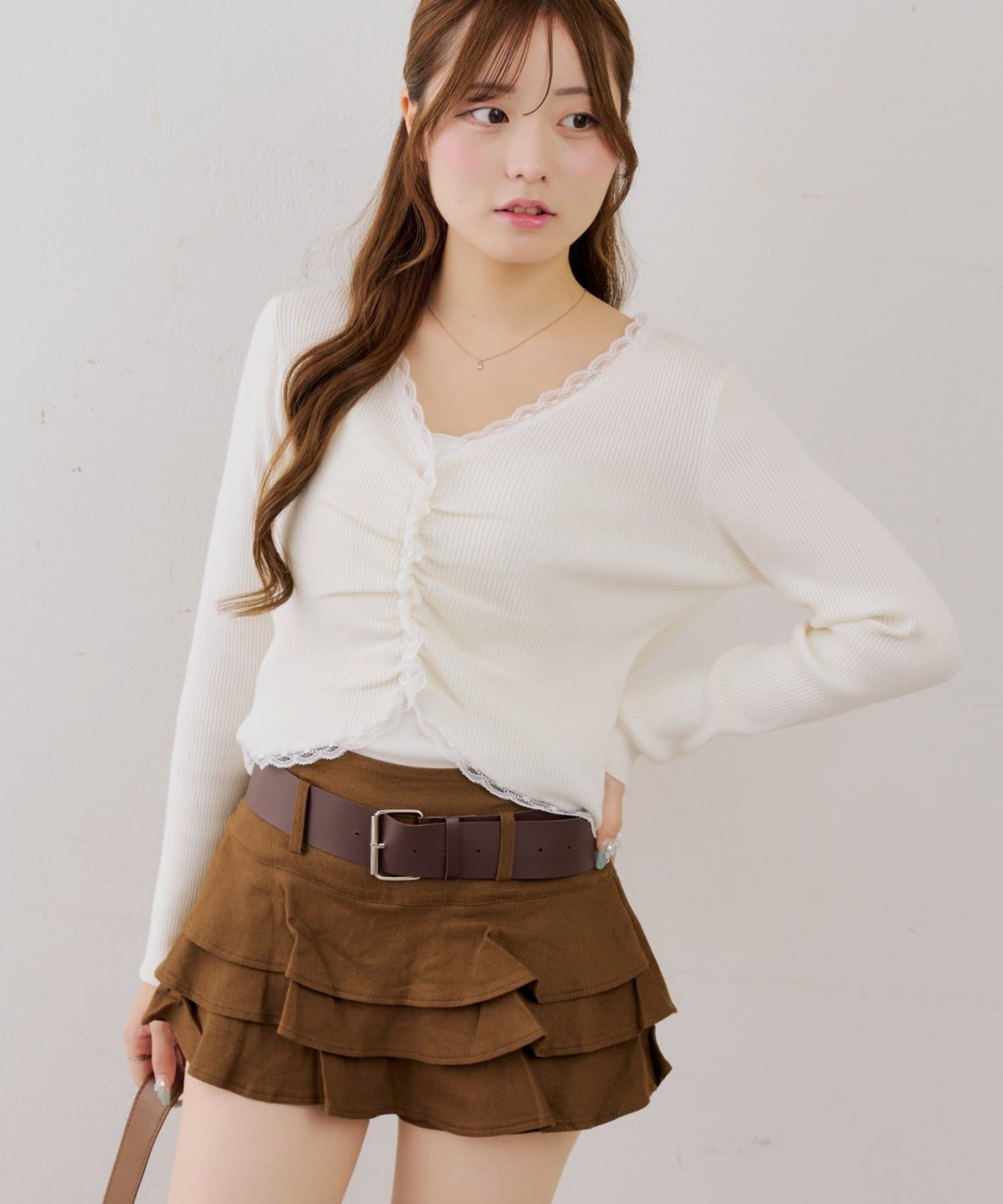 NICE CLAUP / OLIVE des OLIVE OUTLET(ナイスクラップ  / オリーブ デ オリーブ アウトレット) 【ANOTHER BRANCH】フロントギャザーレーストリムカーディガン