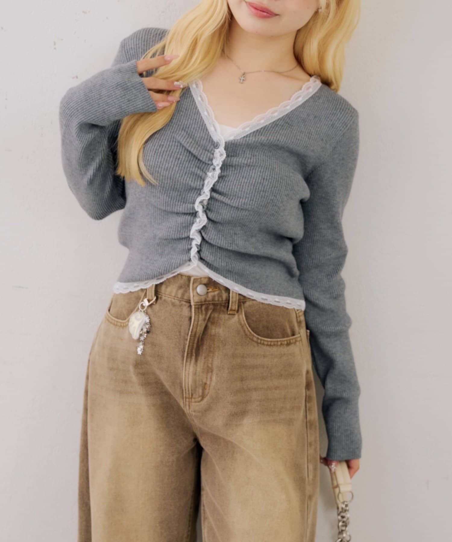 NICE CLAUP / OLIVE des OLIVE OUTLET(ナイスクラップ  / オリーブ デ オリーブ アウトレット) 【ANOTHER BRANCH】フロントギャザーレーストリムカーディガン