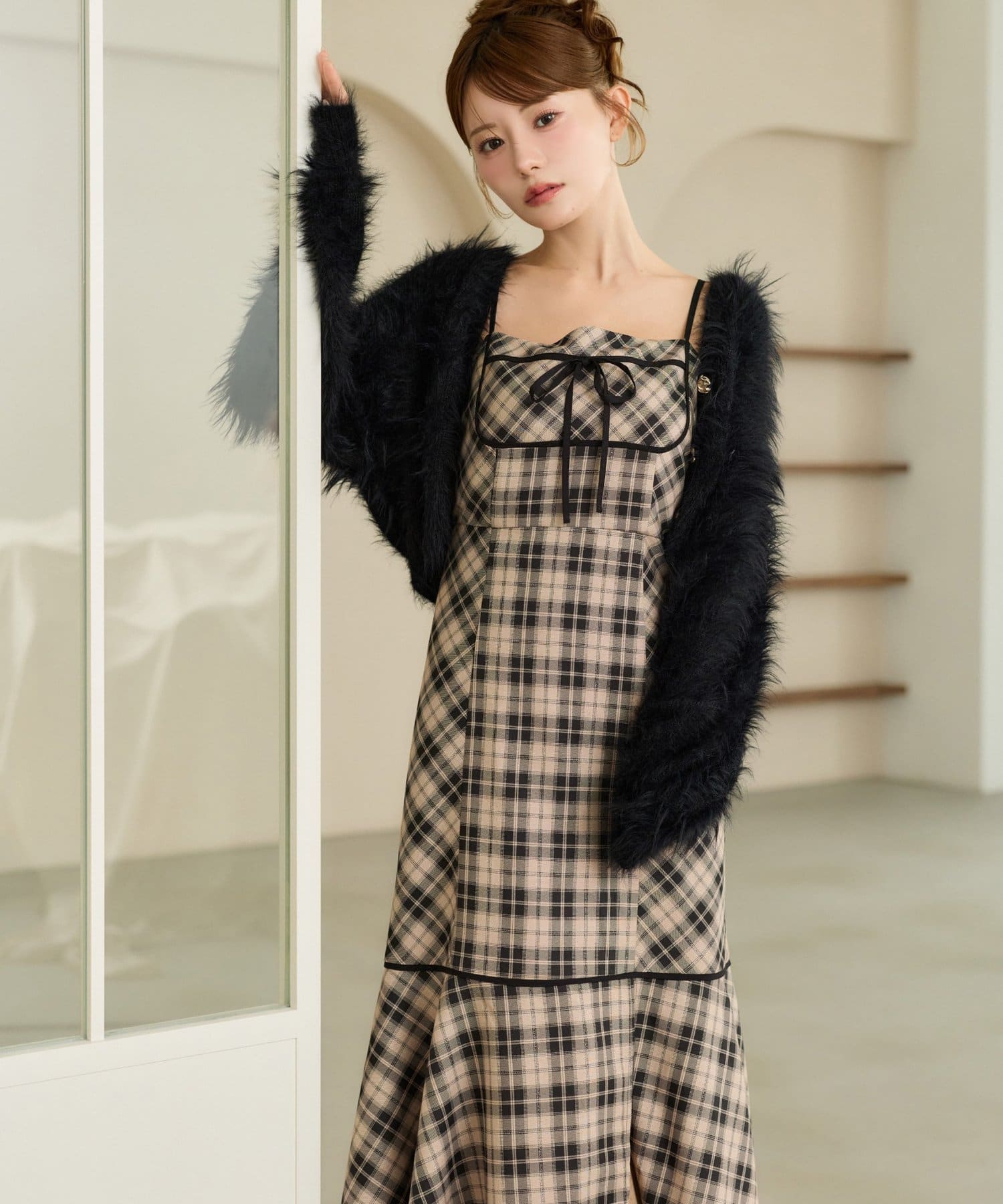 one after another NICE CLAUP(ワンアフターアナザー ナイスクラップ) 【SMサイズ展開】配色チェックロングキャミワンピース