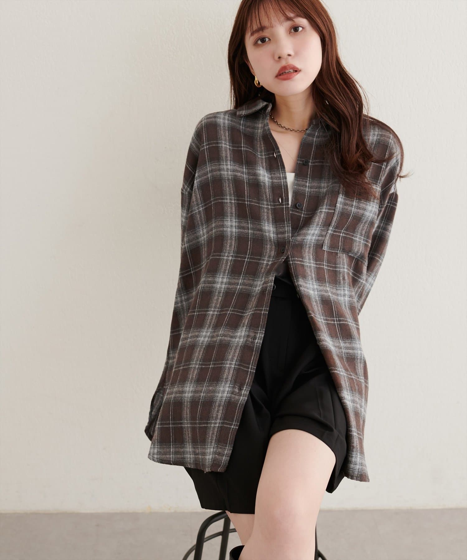 natural couture(ナチュラルクチュール) 起毛チェックベーシックオーバーシャツ
