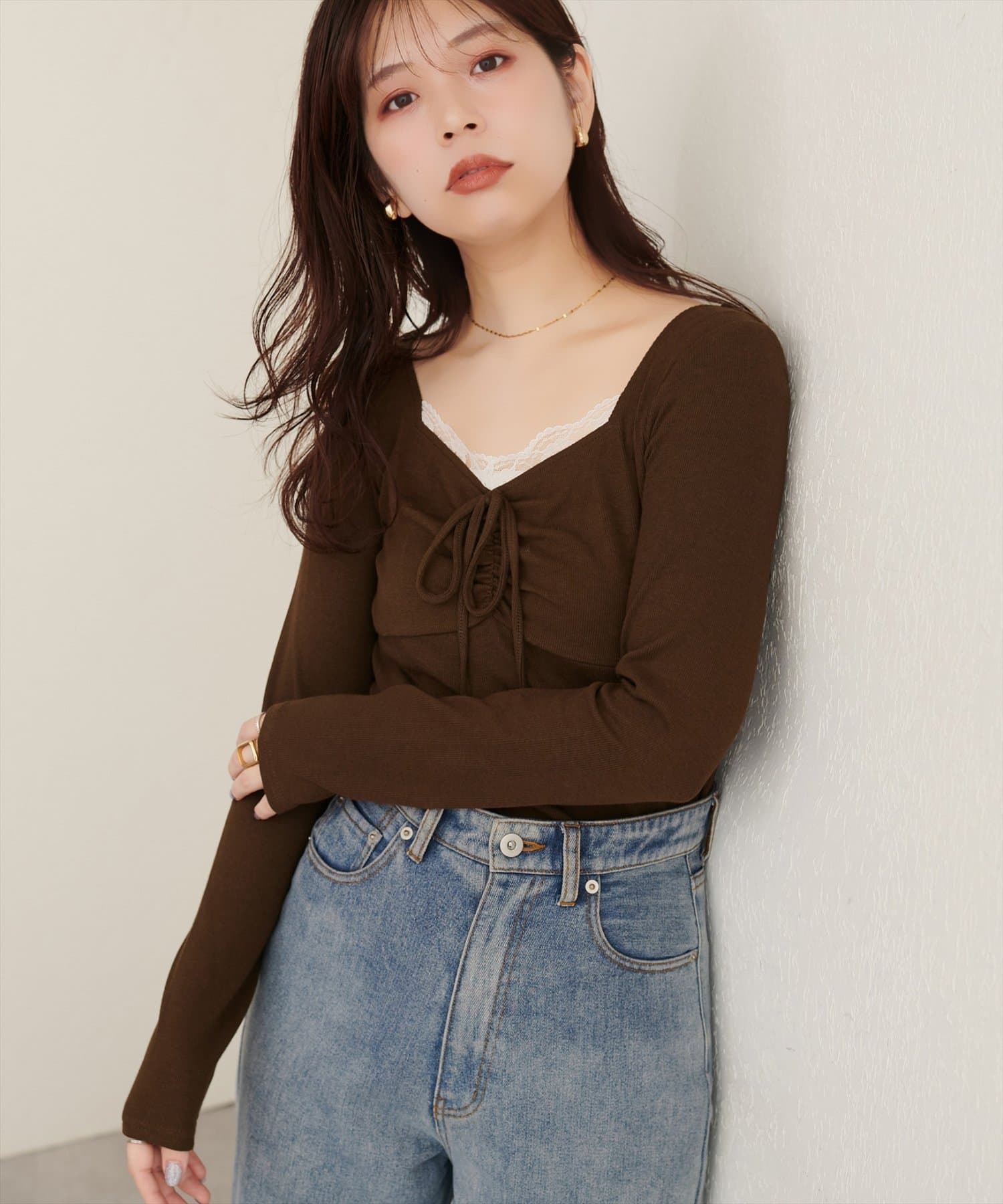 natural couture(ナチュラルクチュール) テレコリブフロントレースギャザーリボン長袖トップス