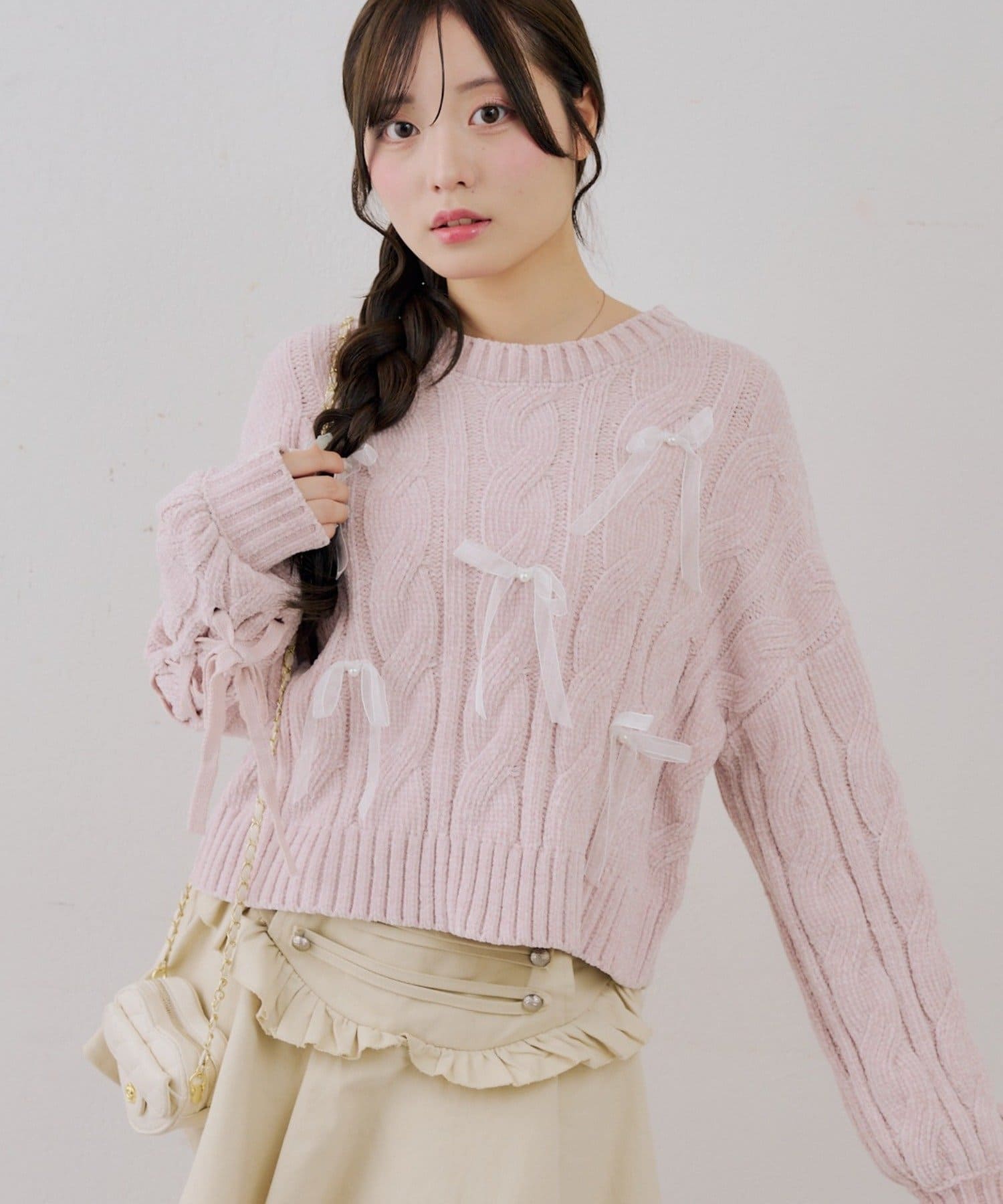 NICE CLAUP / OLIVE des OLIVE OUTLET(ナイスクラップ  / オリーブ デ オリーブ アウトレット) 【ANOTHER BRANCH】リボン付きベロアモールニット